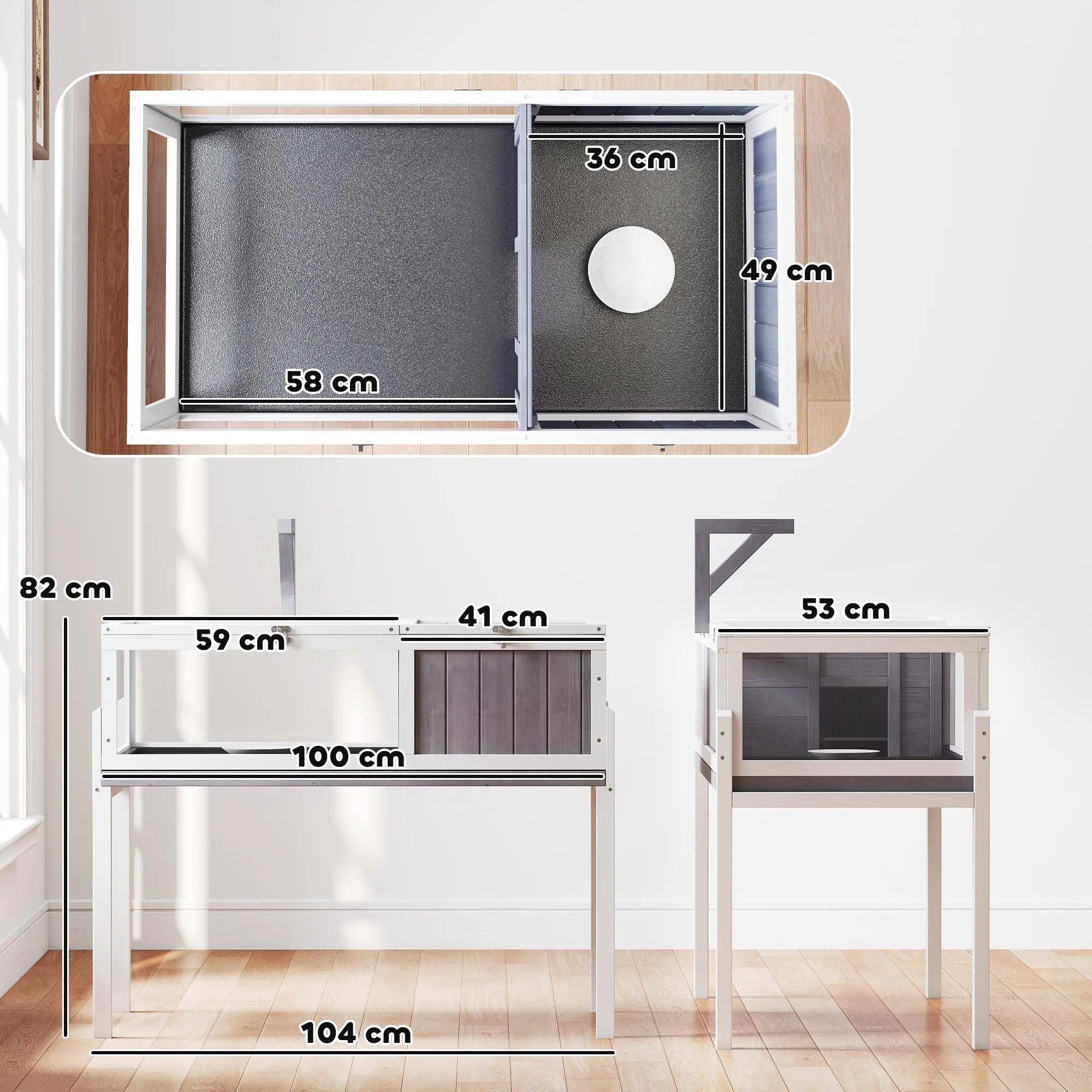 PawHut Casetta Tartarughe Rialzata Divisorio 104x53x82cm Grigio e Bianco - immagine 7
