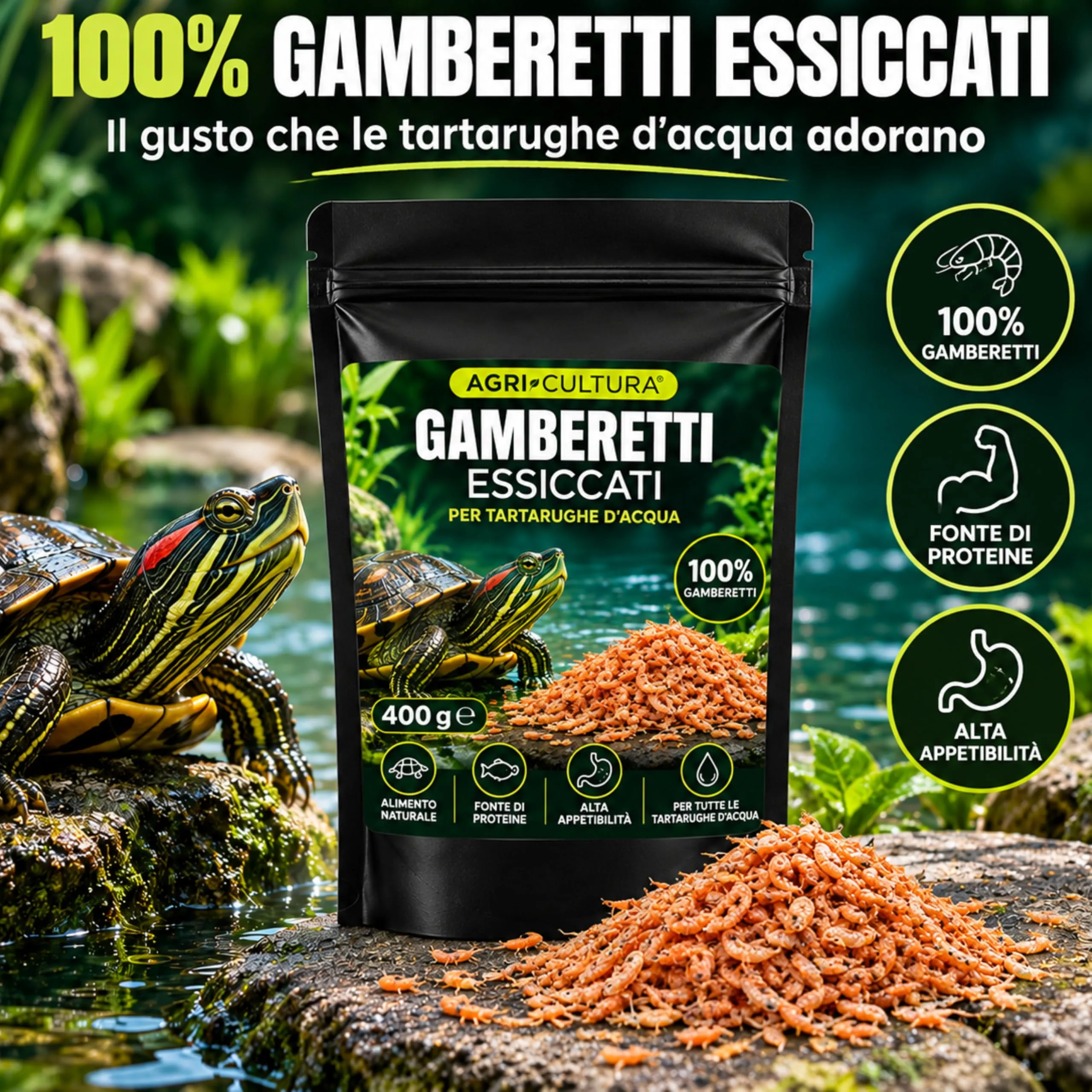 AGRI-CULTURA® | Gamberetti Essiccati per Tartarughe d’Acqua 400 g | 100% Gamberetti | Mangime Semplice Naturale, Fonte di Proteine e Alta Appetibilità | Alimento per Tartarughe Acquatiche. - immagine 2