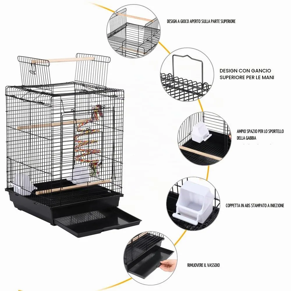 Yaheetech Gabbia Uccelli Metallo Tetto Apribile 40 × 40 × 58 cm Nero - immagine 4