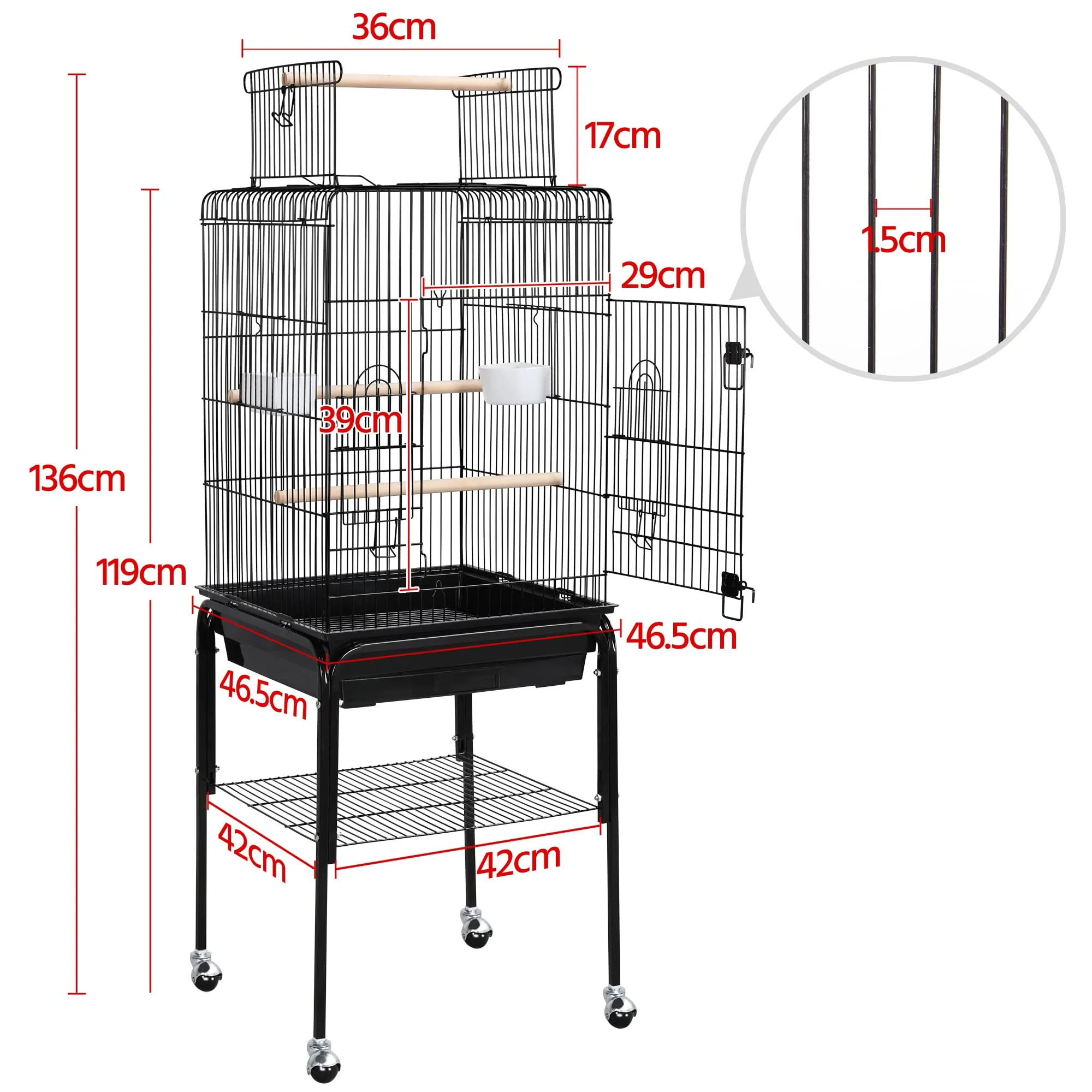 Yaheetech Gabbia Uccelli Metallo Tetto Apribile 46 × 46 × 119 cm Nera - immagine 4