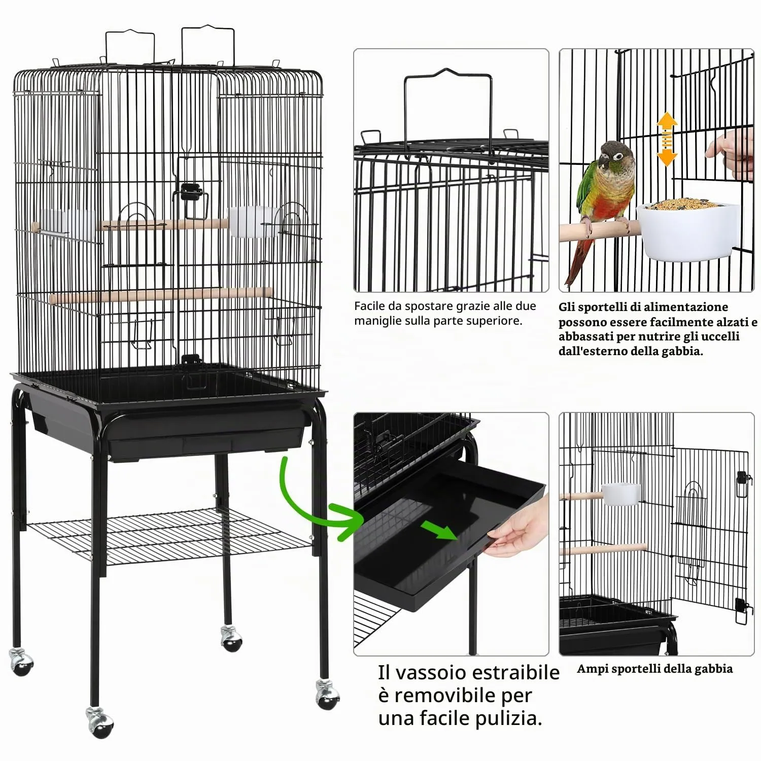 Yaheetech Gabbia Uccelli Metallo Tetto Apribile 46 × 46 × 119 cm Nera - immagine 5