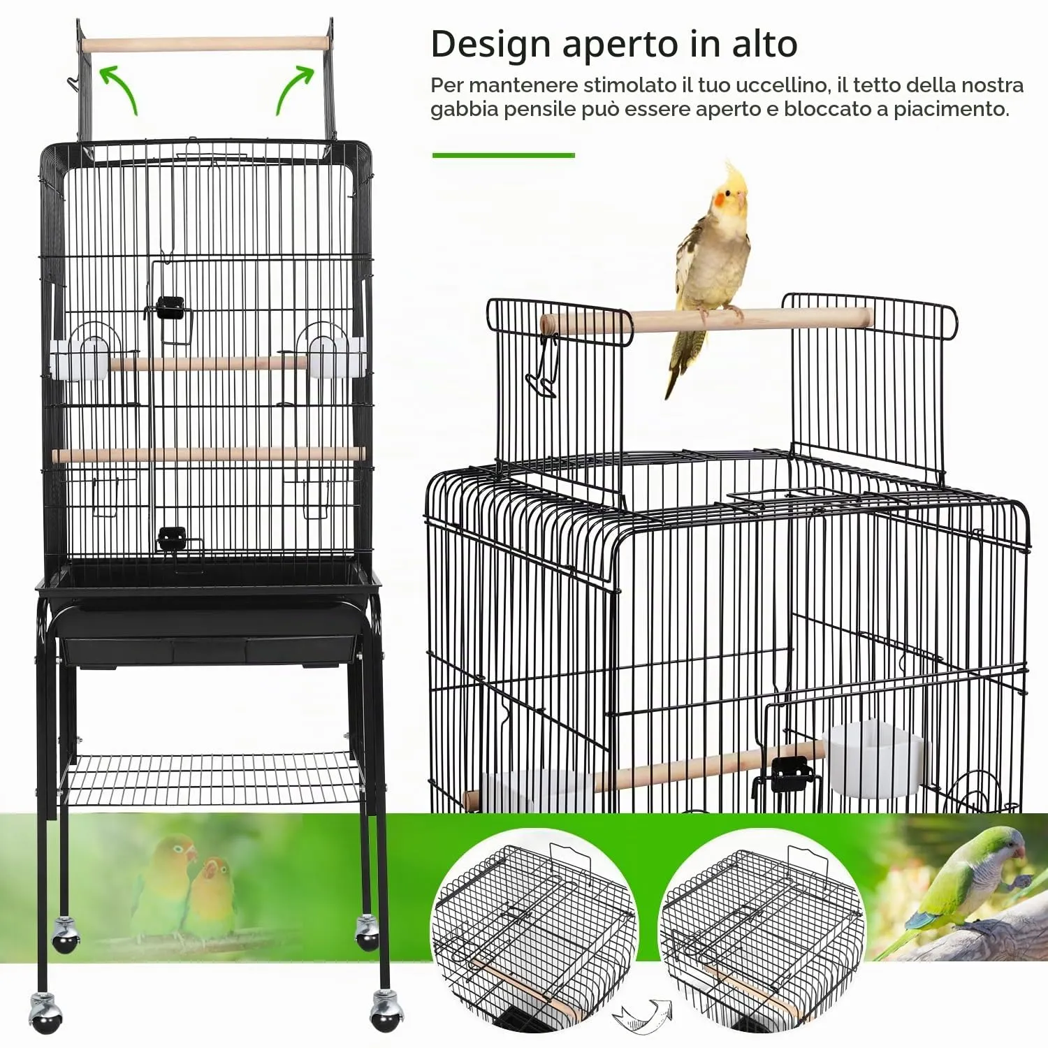 Yaheetech Gabbia Uccelli Metallo Tetto Apribile 46 × 46 × 119 cm Nera - immagine 7