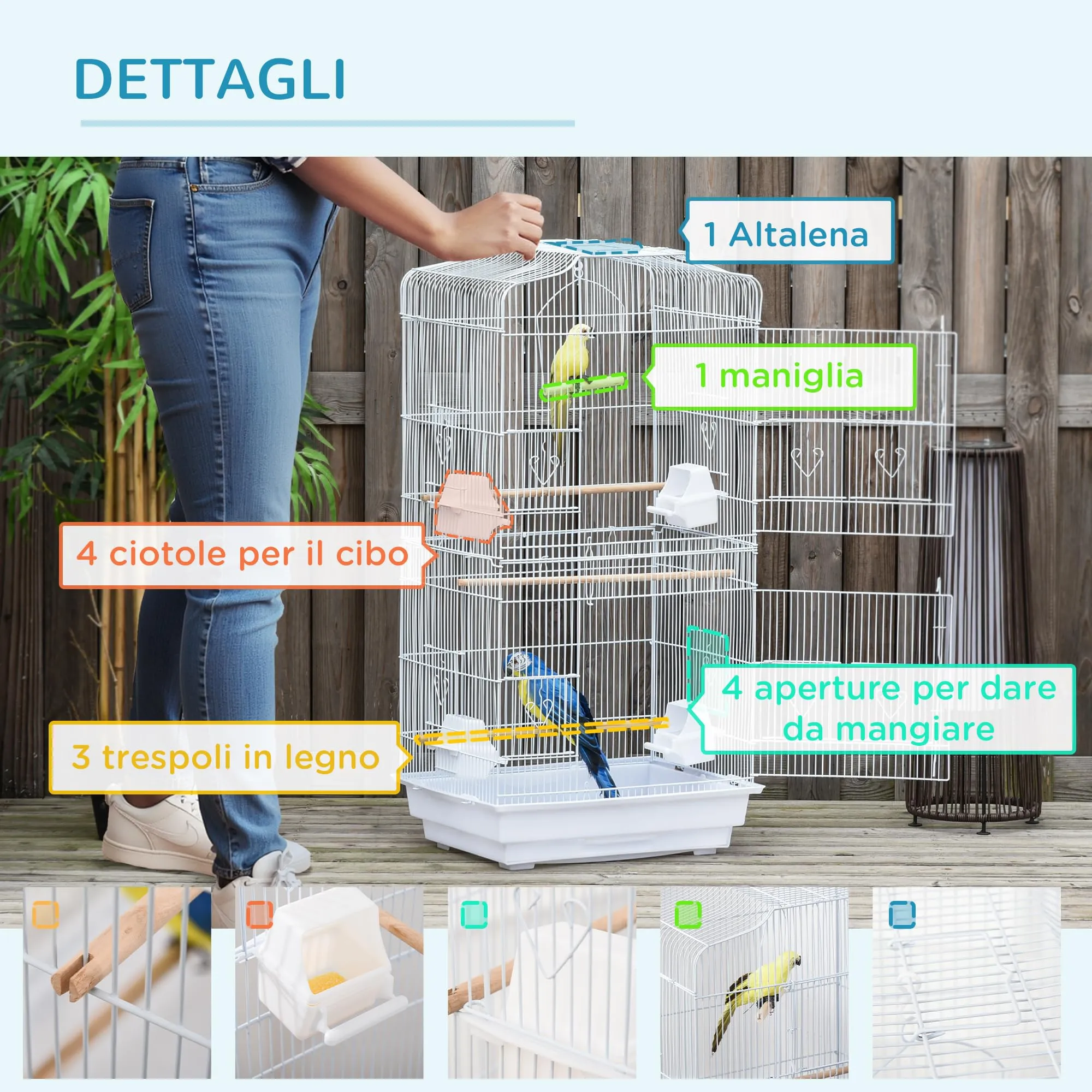 PawHut Gabbia per Uccelli Portatile per Pappagallini 46.5x35.5x92cm Bianco - immagine 5