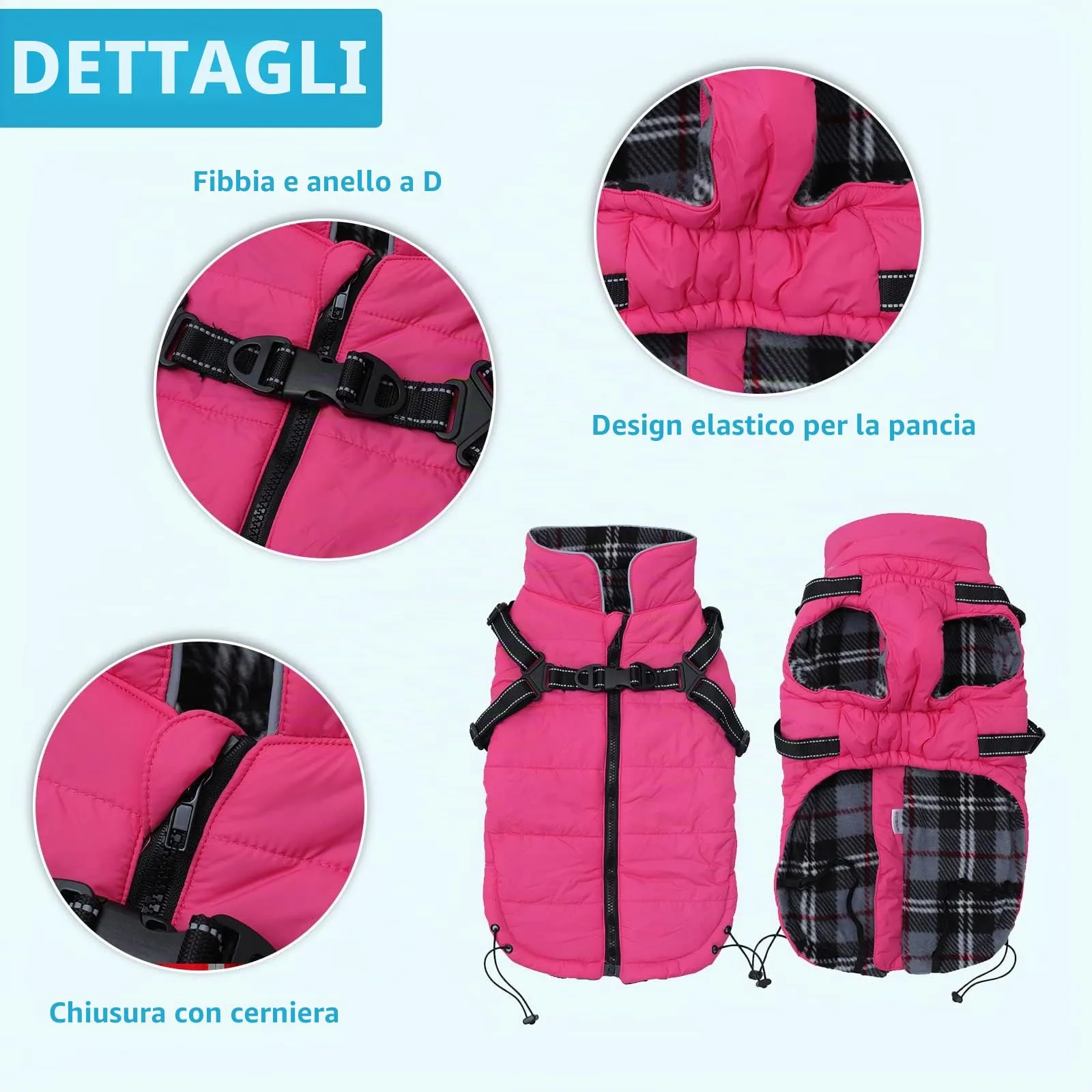 Pethiy- Caldo Cappotto Invernali per Cane con Pettorina integrata, Impermeabile Giacca/Vestiti per cane in Pile con Collo alto antivento e,zip up cappottino per cani piccola taglia-Rosa-L - immagine 4