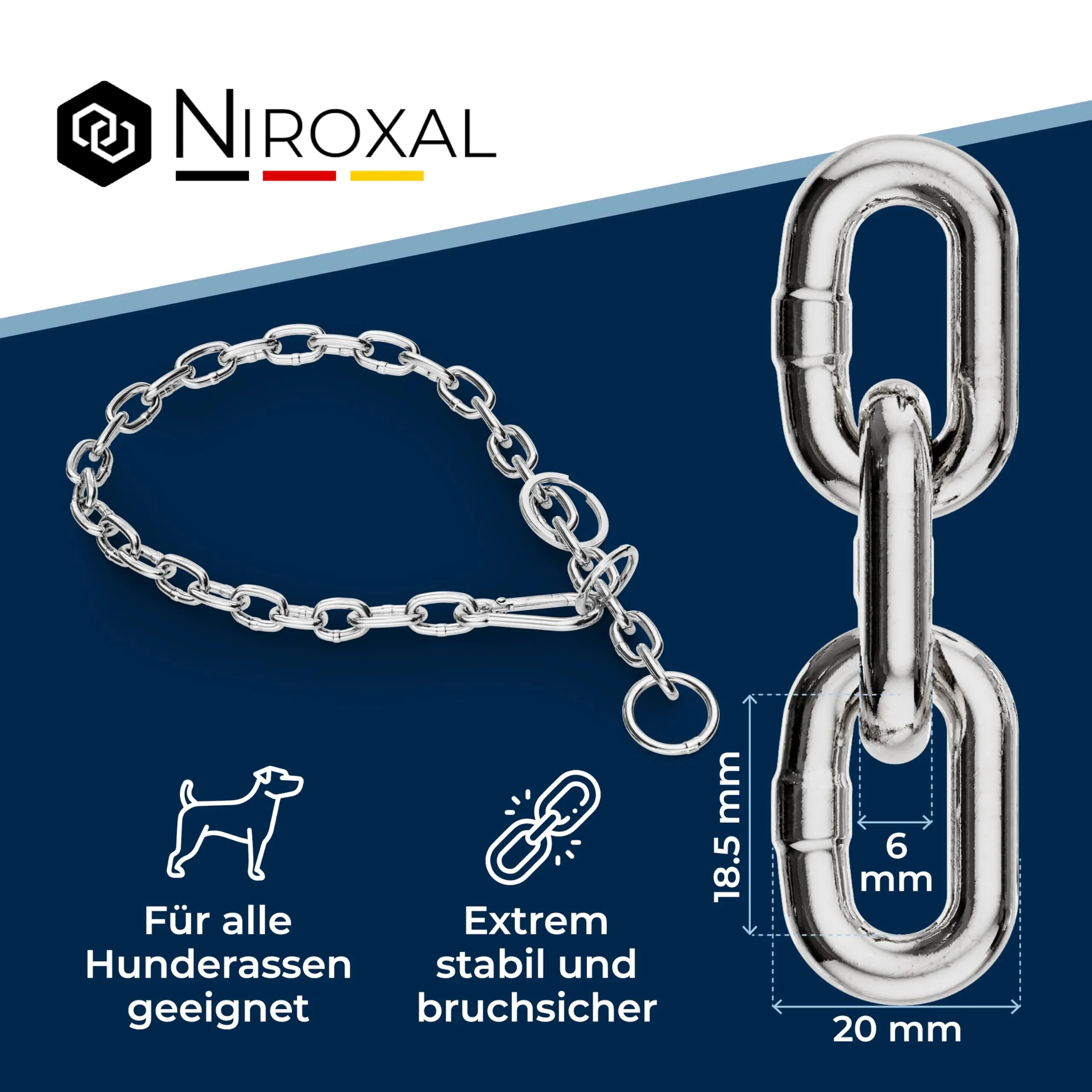 Collare cane acciaio inox A4 V4A Ø6 mm – lunghezza totale 50 cm – con moschettone – maglia corta per controllo preciso – per circonferenza collo 41–46 cm - immagine 3