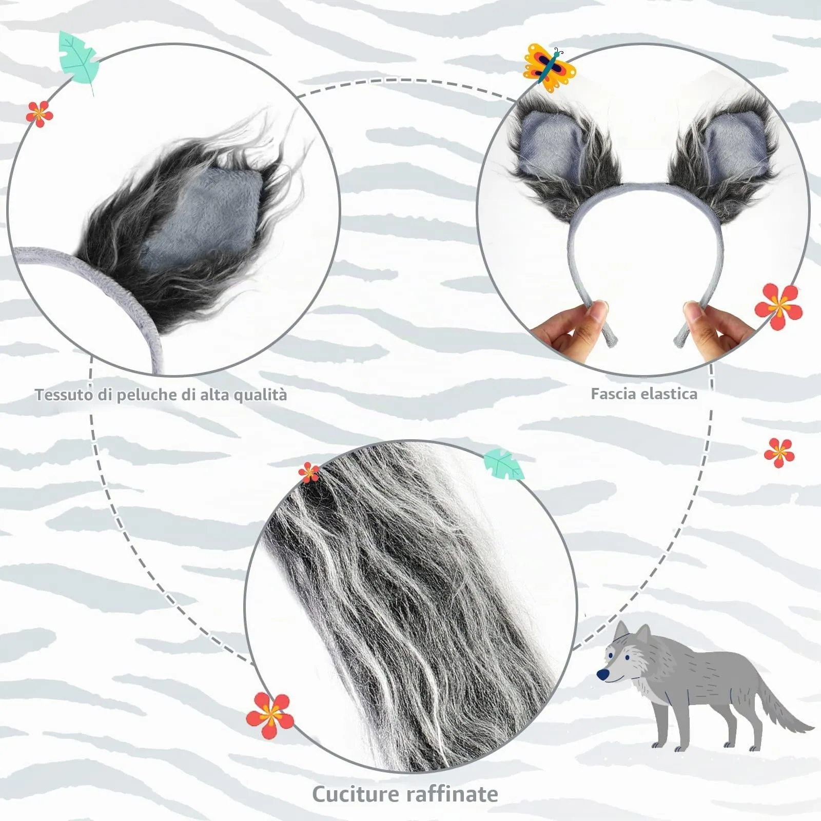 XEPST Animale Lupo Set, Orecchie e Coda, Fascia, Zampe Pelose per Costume Cosplay di Compleanno, Halloween, Fancy Dress, Rifornimenti del Partito - immagine 2