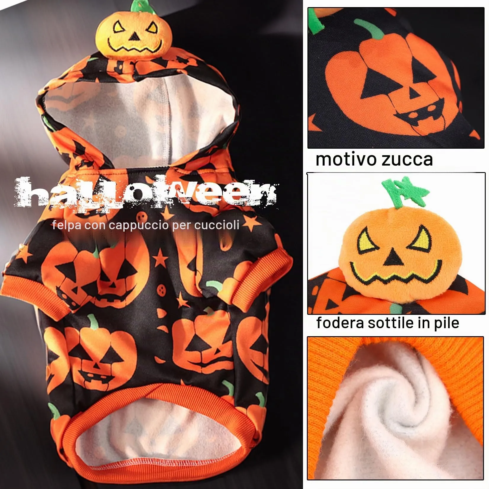 Zunea - Costume di Halloween per cane a forma di zucca, con cappuccio, maglietta con cappuccio per cani di piccola taglia, cucciolo, felpa con cappuccio per chihuahua - immagine 4