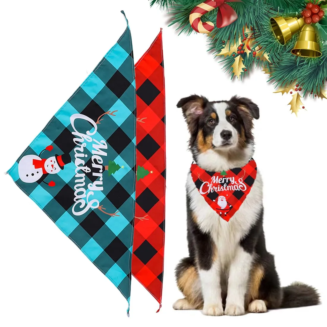 WUSJCOF 2 Pezzi Bandana Natalizia per Cani, Foulard Triangolare per Cani e Gatti, Accessori per Animali Domestici (Plaid) - immagine 1