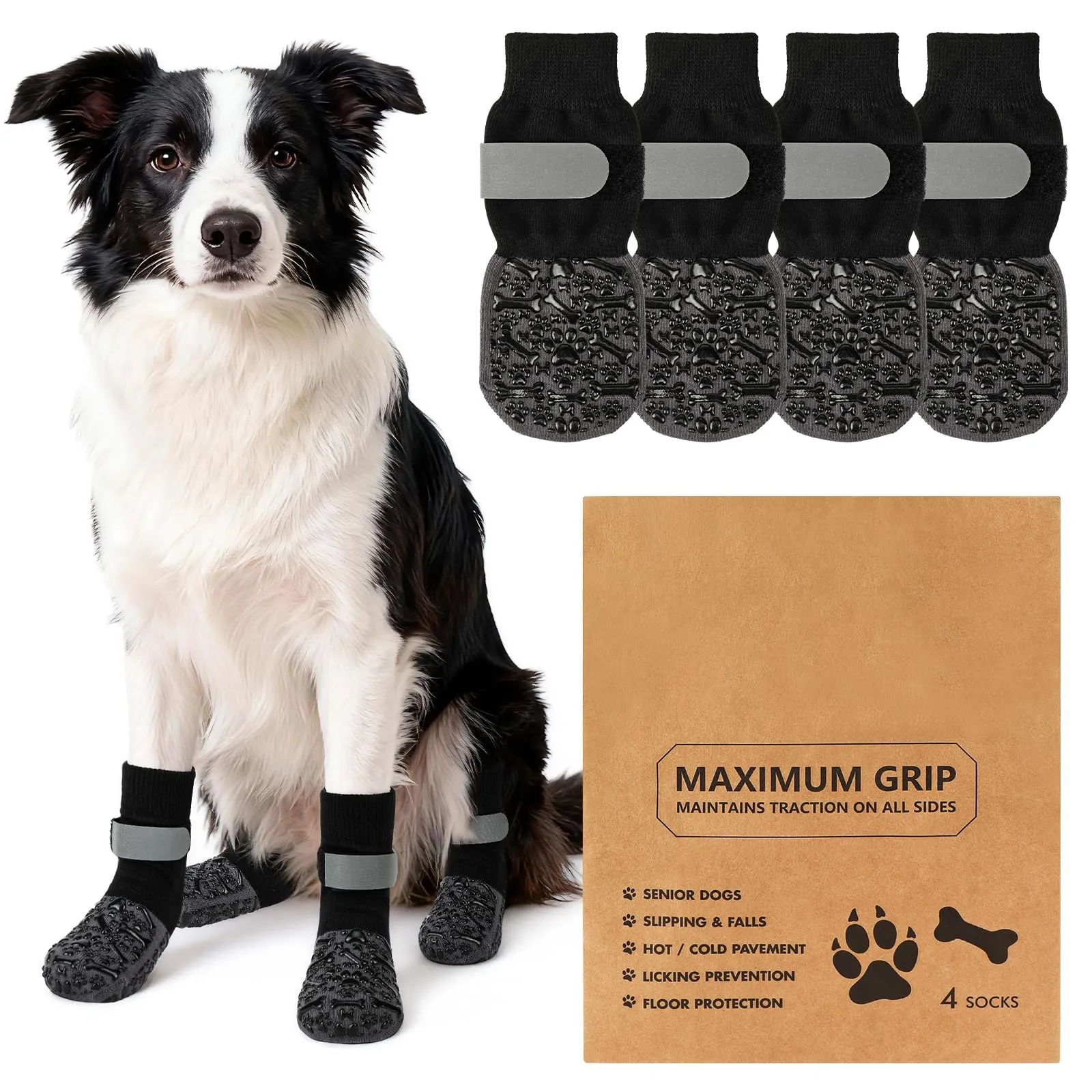 QKURT 2 Paia Calzini Antiscivolo per Cani, Protezioni per Zampe di Cane con Cinghie Regolabili, Protezione dalle Leccate alle Zampe, Calzini per Cani per Camminare sui Pavimenti in Legno,S - immagine 1