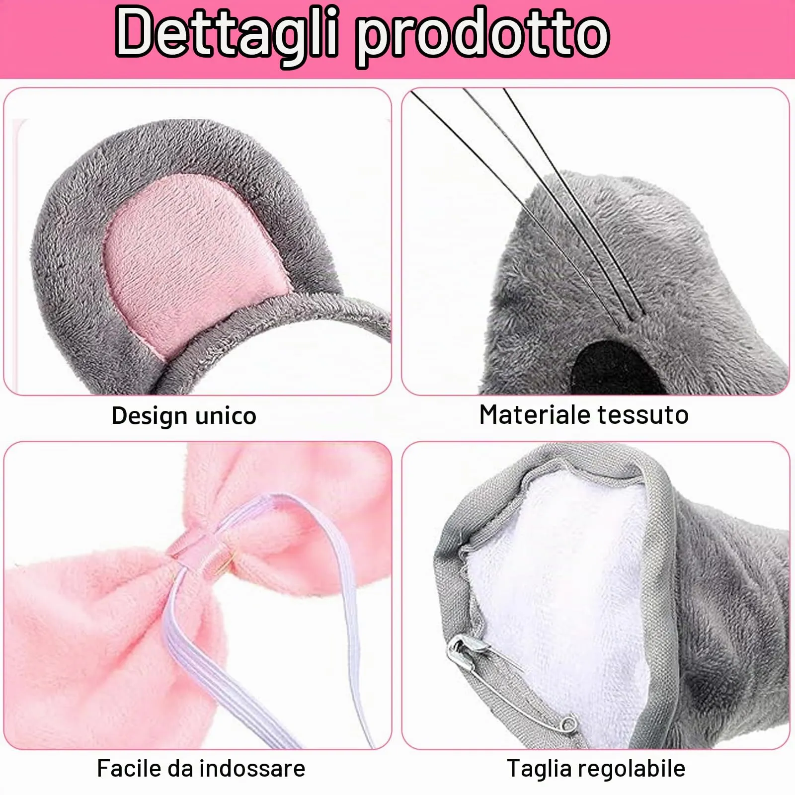 Binnan Set di 4 Costumi da Topo, Cerchietto con Orecchie da Topo, Orecchie Naso Coda di Topo e Papillon Kit, Set di Costumi da Animale per Feste Halloween Carnevale Cosplay Compleanni - immagine 3