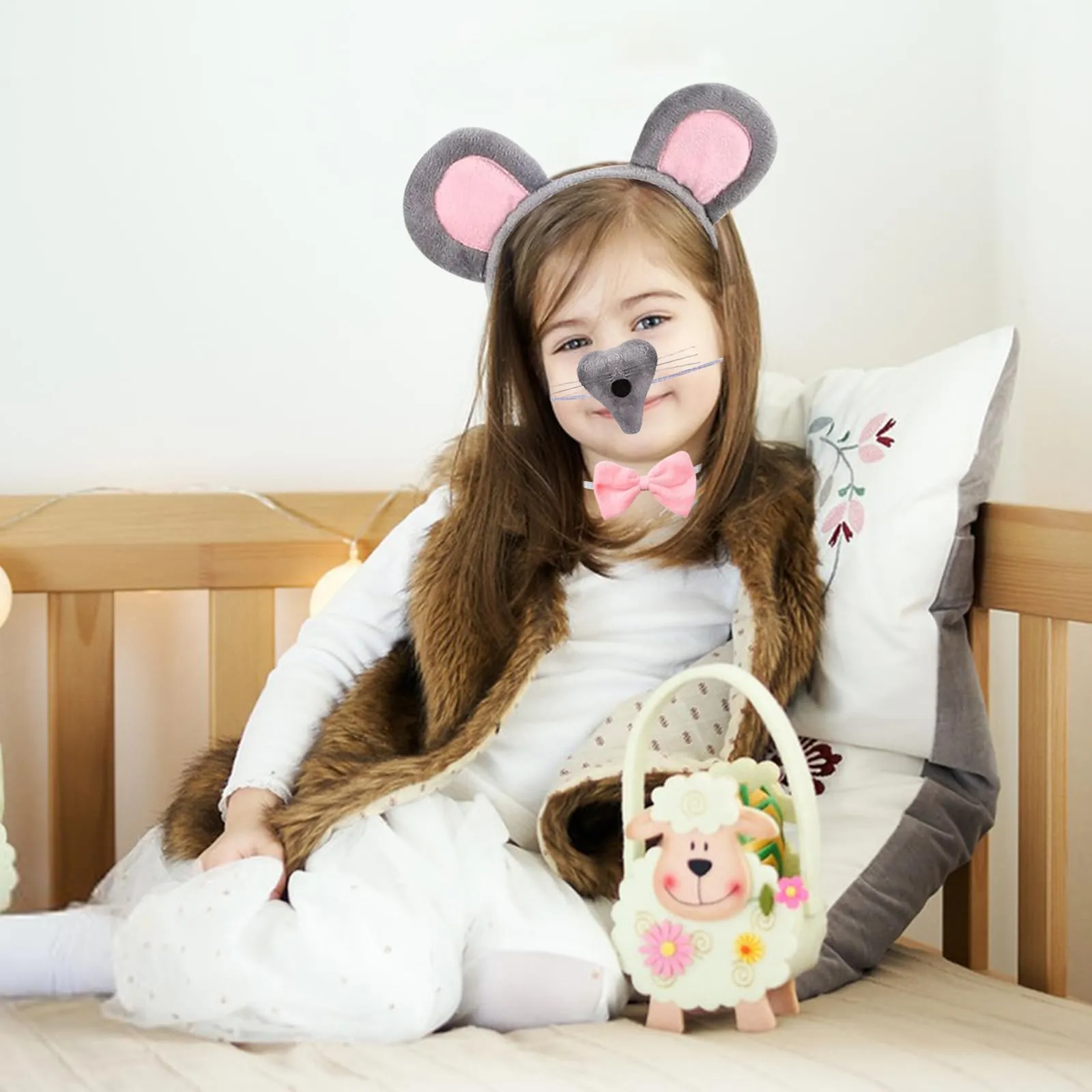 Binnan Set di 4 Costumi da Topo, Cerchietto con Orecchie da Topo, Orecchie Naso Coda di Topo e Papillon Kit, Set di Costumi da Animale per Feste Halloween Carnevale Cosplay Compleanni - immagine 5