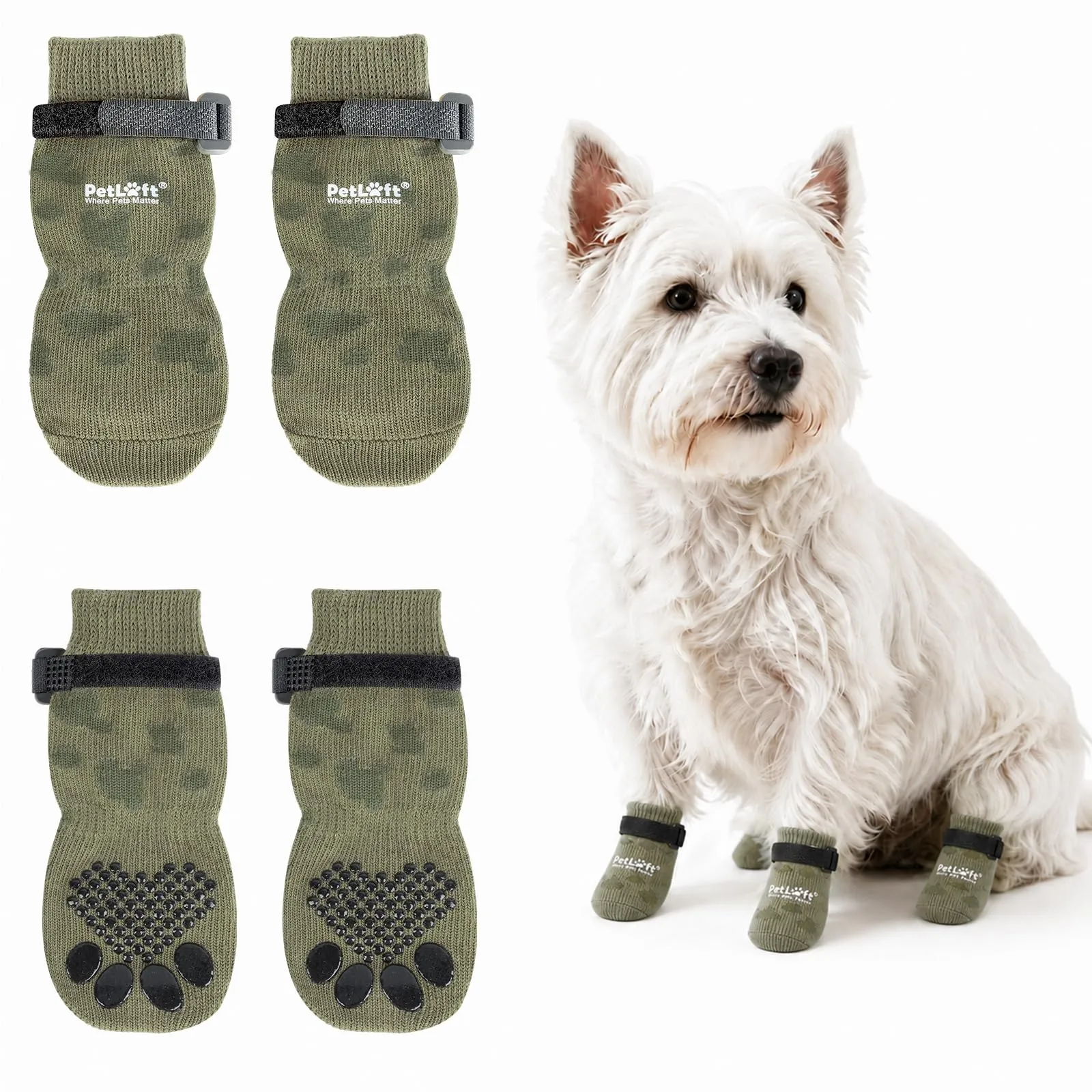 PETLOFT Calzini Antiscivolo per Cani Anziani/Piccoli/Medi, Calzini Regolabili in Cotone per Proteggere Le Zampe e Prevenire Leccate, per Pavimenti in Legno Trazione Interna, Grande, Verde Scuro - immagine 1