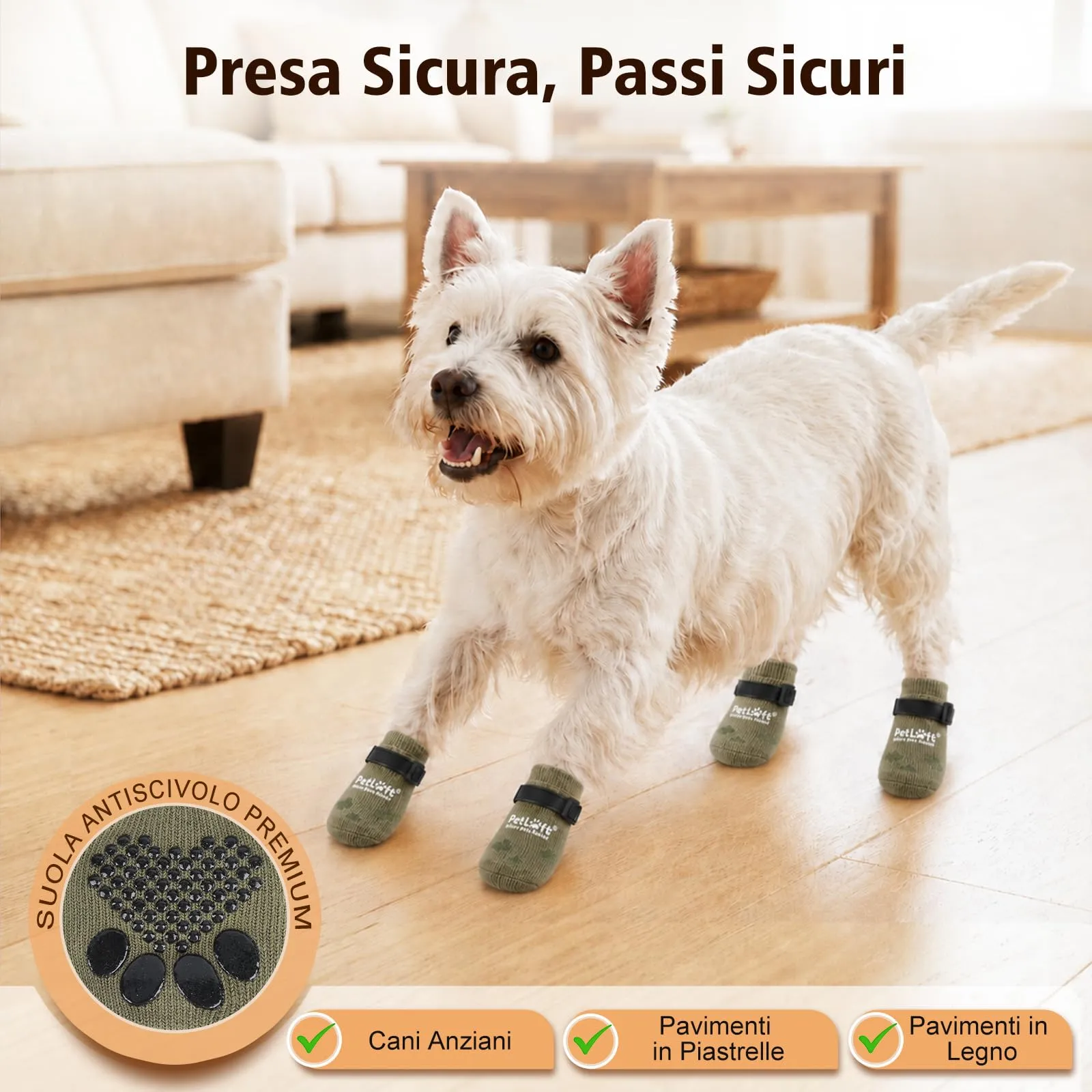 PETLOFT Calzini Antiscivolo per Cani Anziani/Piccoli/Medi, Calzini Regolabili in Cotone per Proteggere Le Zampe e Prevenire Leccate, per Pavimenti in Legno Trazione Interna, Grande, Verde Scuro - immagine 2