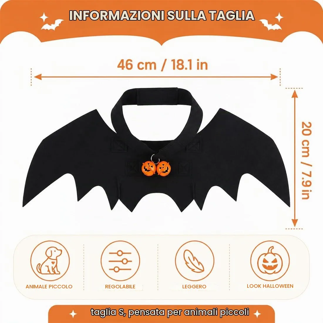 UWJOWP Costume Halloween Gatto con Ali di Pipistrello e Campanella a Zucca – Taglia S 46x20 cm, Travestimento per Piccoli Animali Domestici - immagine 2