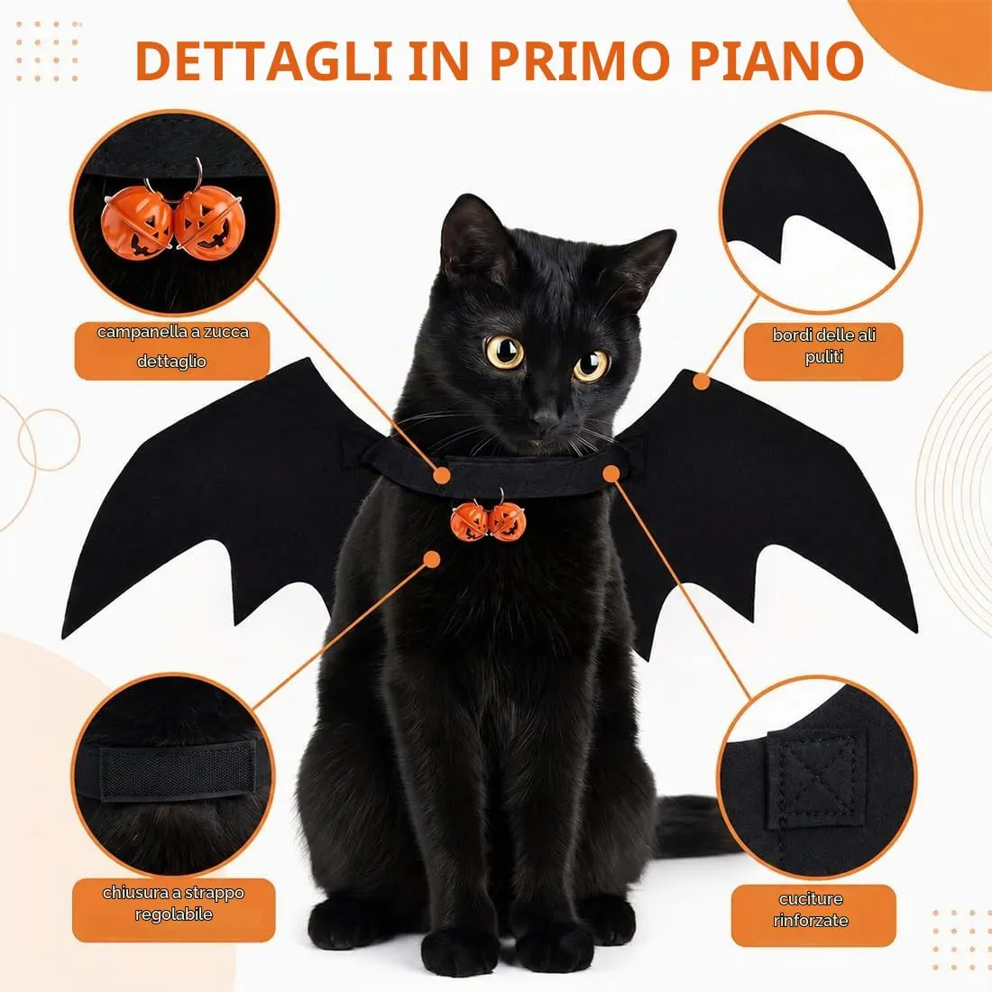 UWJOWP Costume Halloween Gatto con Ali di Pipistrello e Campanella a Zucca – Taglia S 46x20 cm, Travestimento per Piccoli Animali Domestici - immagine 3