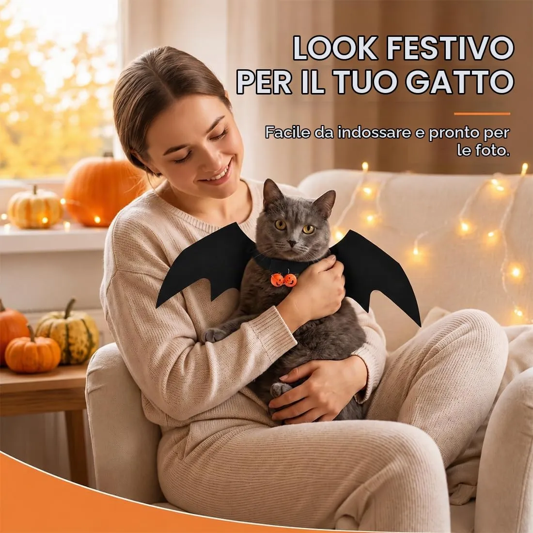 UWJOWP Costume Halloween Gatto con Ali di Pipistrello e Campanella a Zucca – Taglia S 46x20 cm, Travestimento per Piccoli Animali Domestici - immagine 5