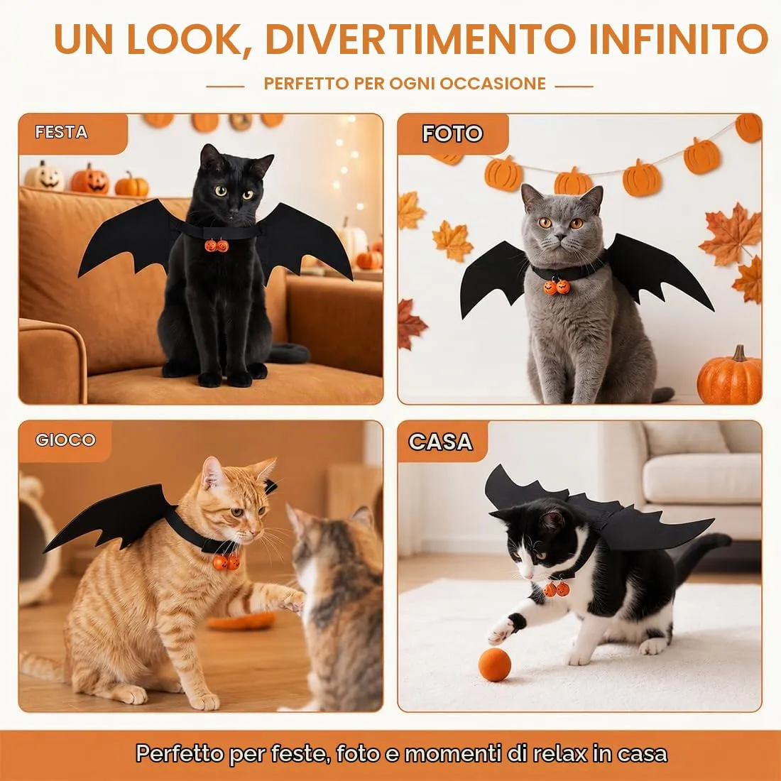 UWJOWP Costume Halloween Gatto con Ali di Pipistrello e Campanella a Zucca – Taglia S 46x20 cm, Travestimento per Piccoli Animali Domestici - immagine 6