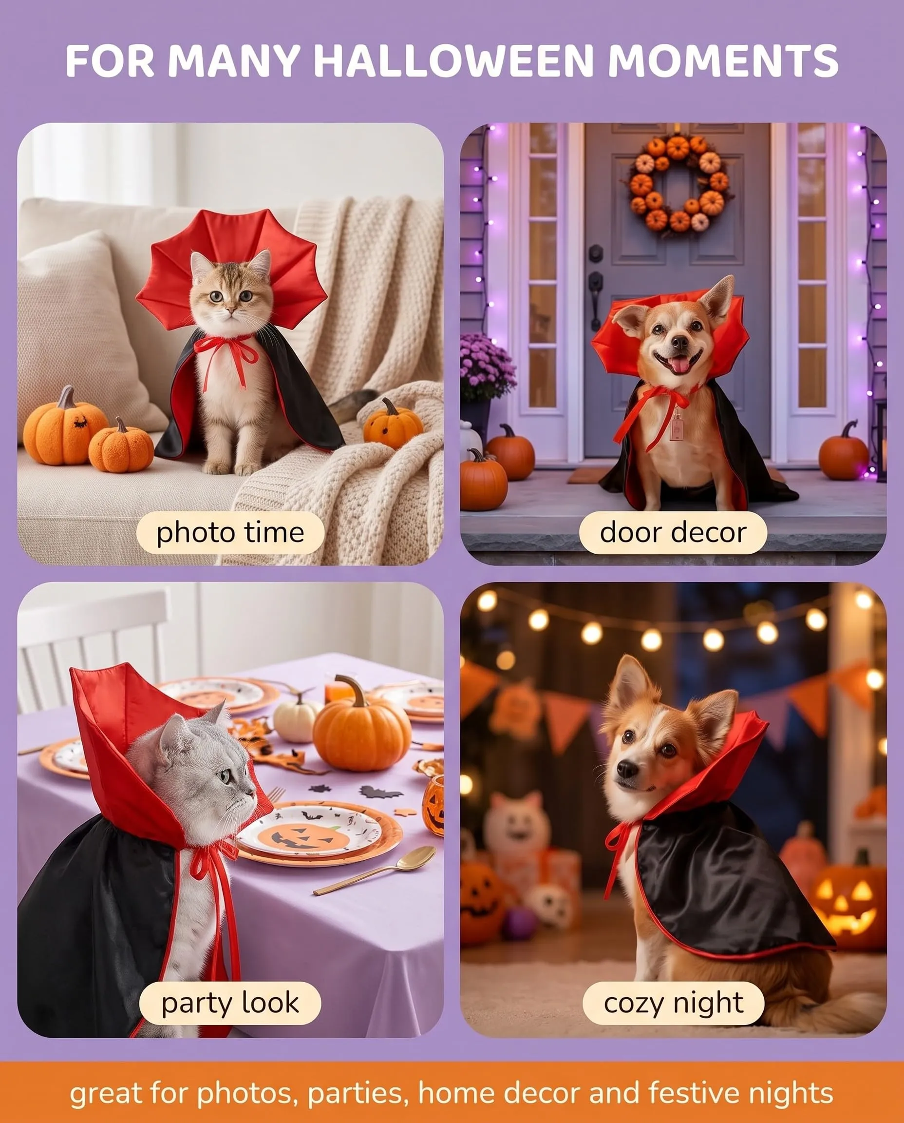 KACZUS Costume da Vampiro per Gatti e Cane 1 Pz, Mantello Elegante con Chiusura Sicura, Design Ergonomico per Libertà di Movimento Ideale per Halloween e Feste - immagine 3