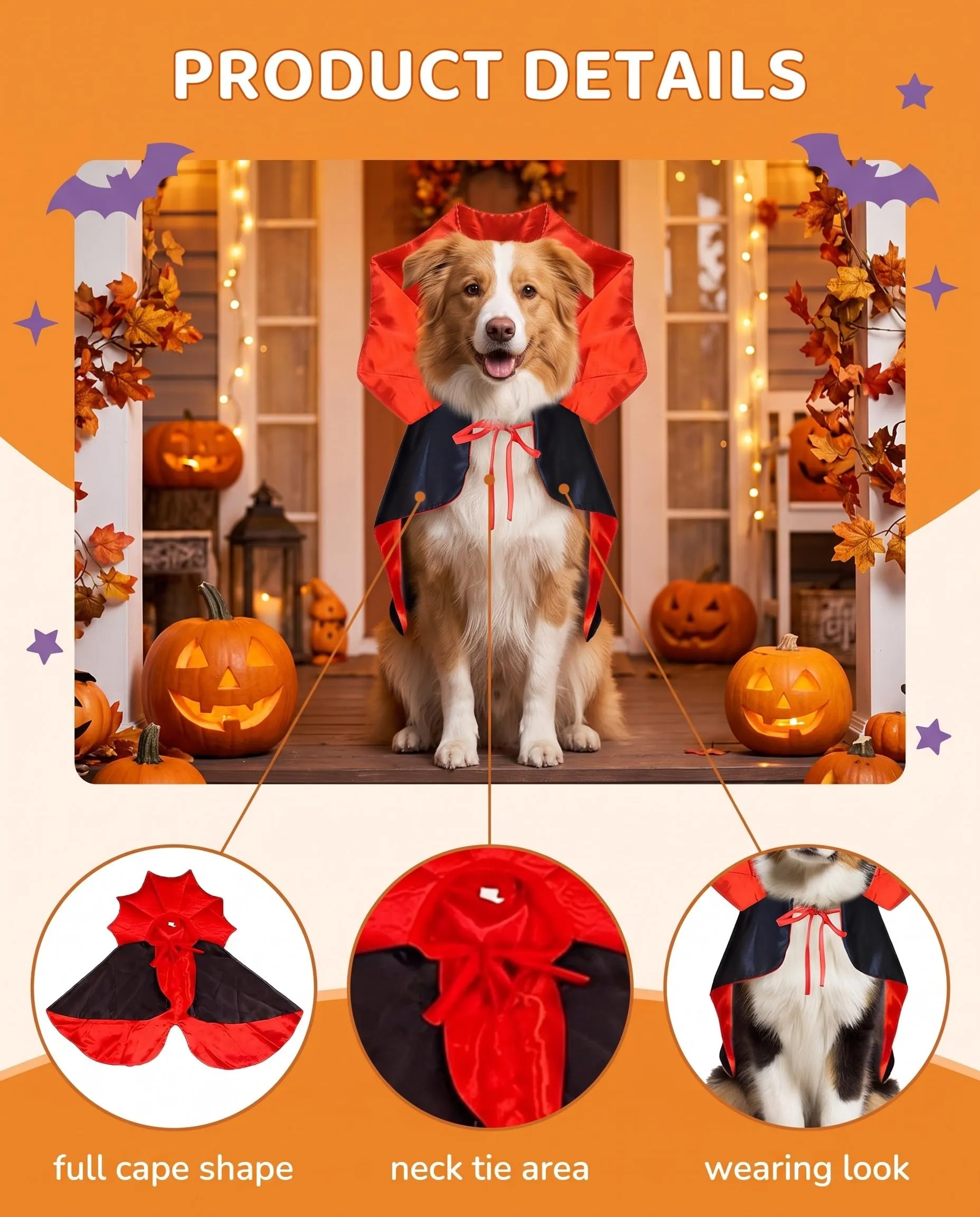 KACZUS Costume da Vampiro per Gatti e Cane 1 Pz, Mantello Elegante con Chiusura Sicura, Design Ergonomico per Libertà di Movimento Ideale per Halloween e Feste - immagine 6