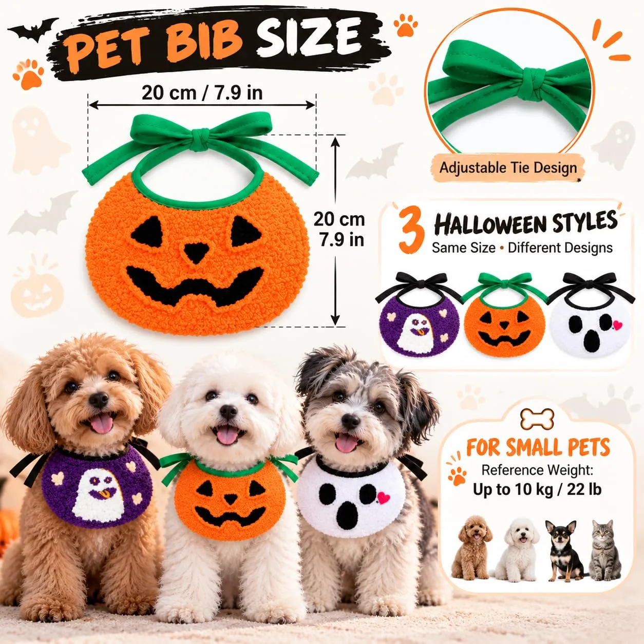 JOVYTH Set 3 Bandana Halloween Cane, Foulard Halloween per Cane con Fantasma e Zucca, Accessorio Costume Cane per Piccoli Animali, Festa e Servizio Fotografico - immagine 2