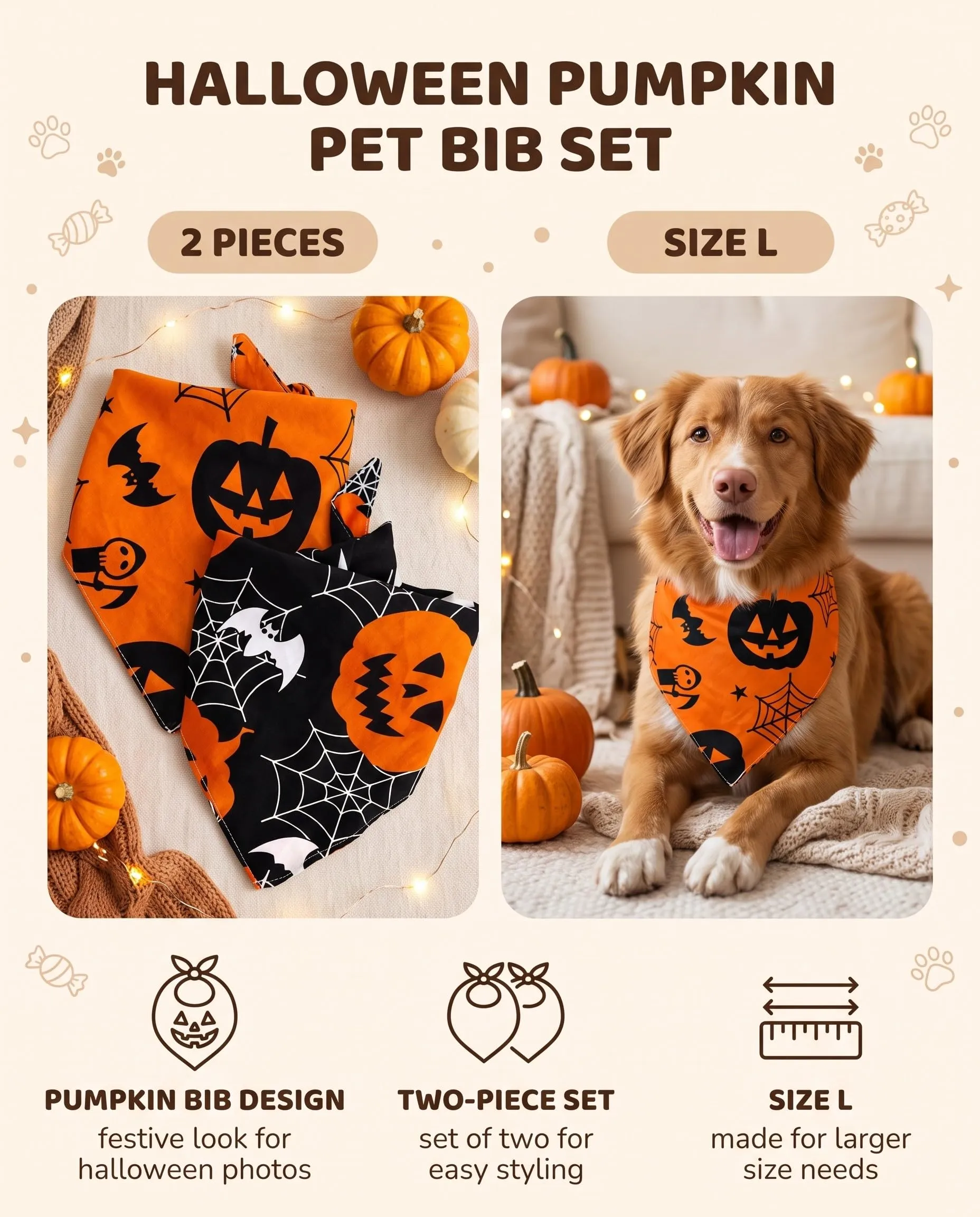 ZenoScope Costume Halloween Cane, 2 Pezzi Taglia L Bandana Regolabile con Chiusura Sicura, Tema Zucca Per Avventure Festive Confortevoli e Sicure - immagine 2