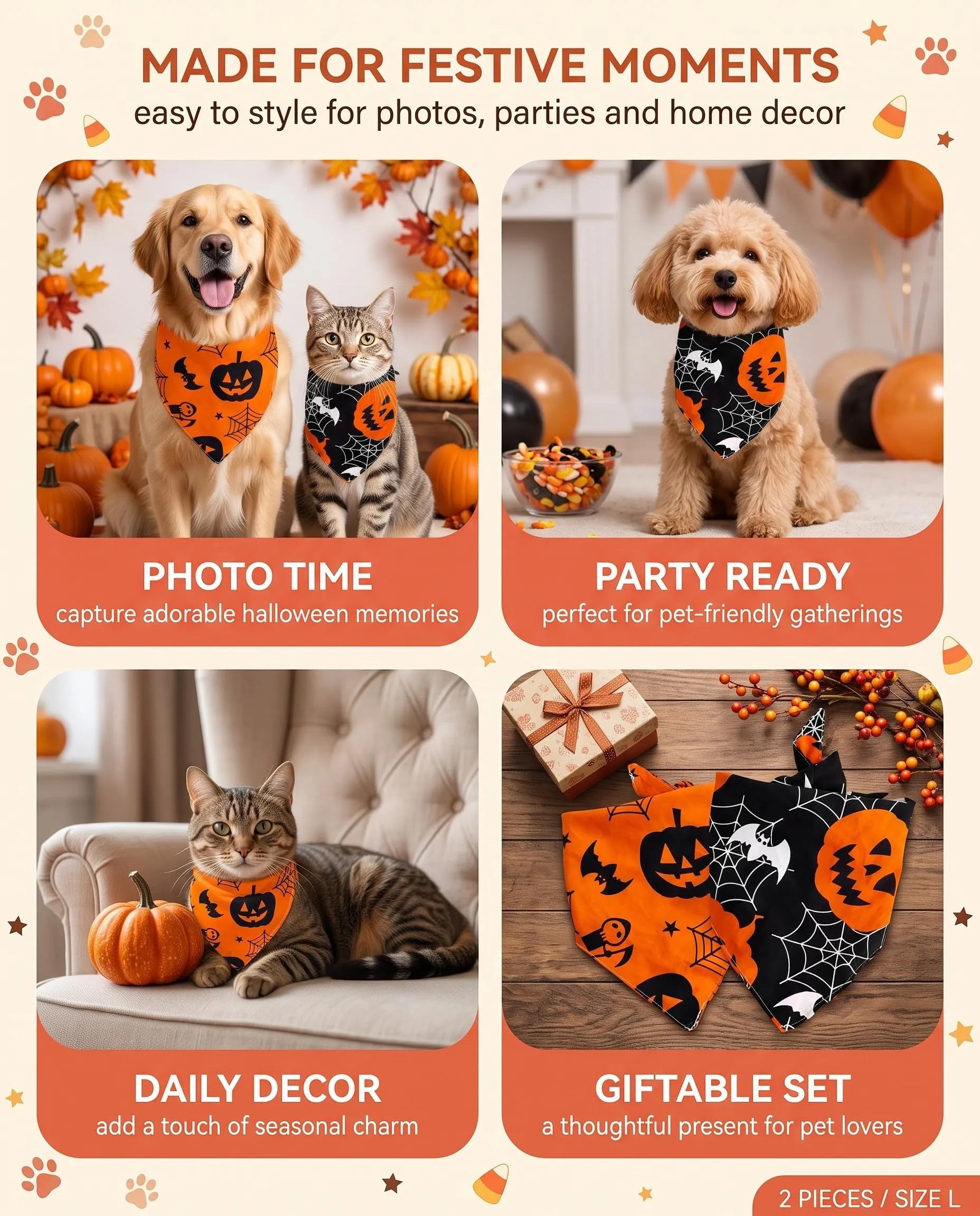 ZenoScope Costume Halloween Cane, 2 Pezzi Taglia L Bandana Regolabile con Chiusura Sicura, Tema Zucca Per Avventure Festive Confortevoli e Sicure - immagine 3