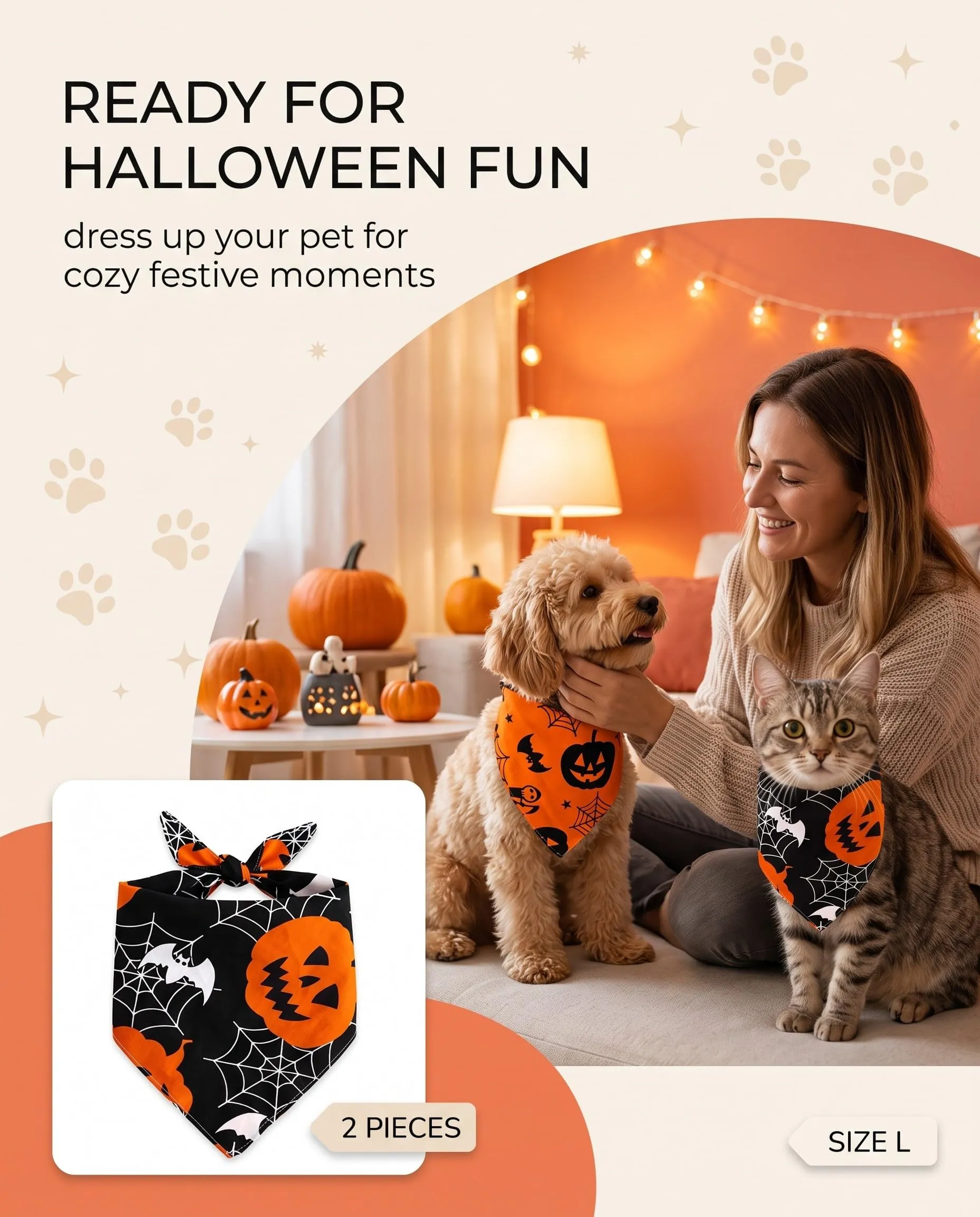 ZenoScope Costume Halloween Cane, 2 Pezzi Taglia L Bandana Regolabile con Chiusura Sicura, Tema Zucca Per Avventure Festive Confortevoli e Sicure - immagine 5