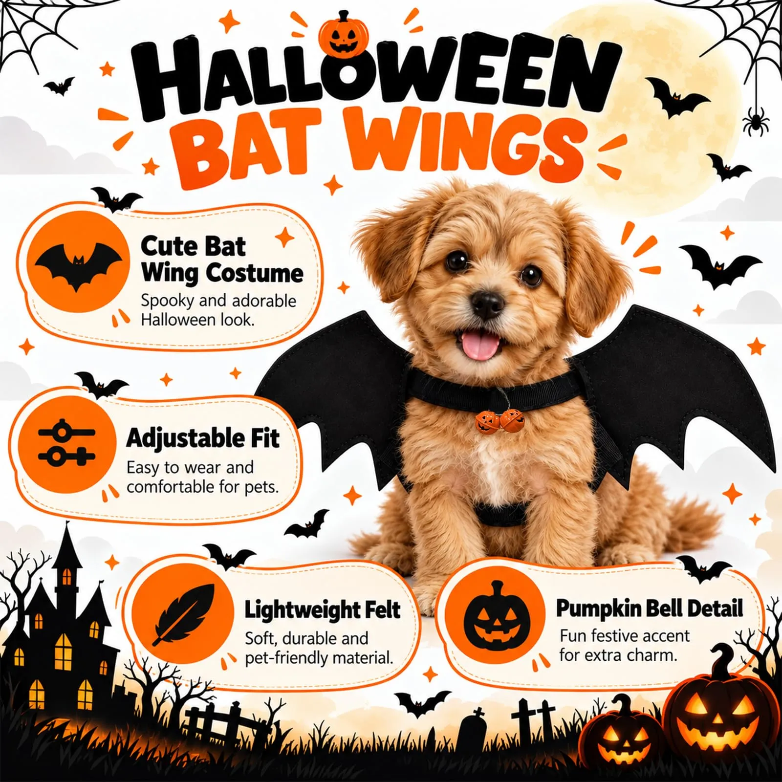 Vcostumi per Cani da Pipistrello 51,5 × 23 cm Dog Halloween Costume - immagine 4