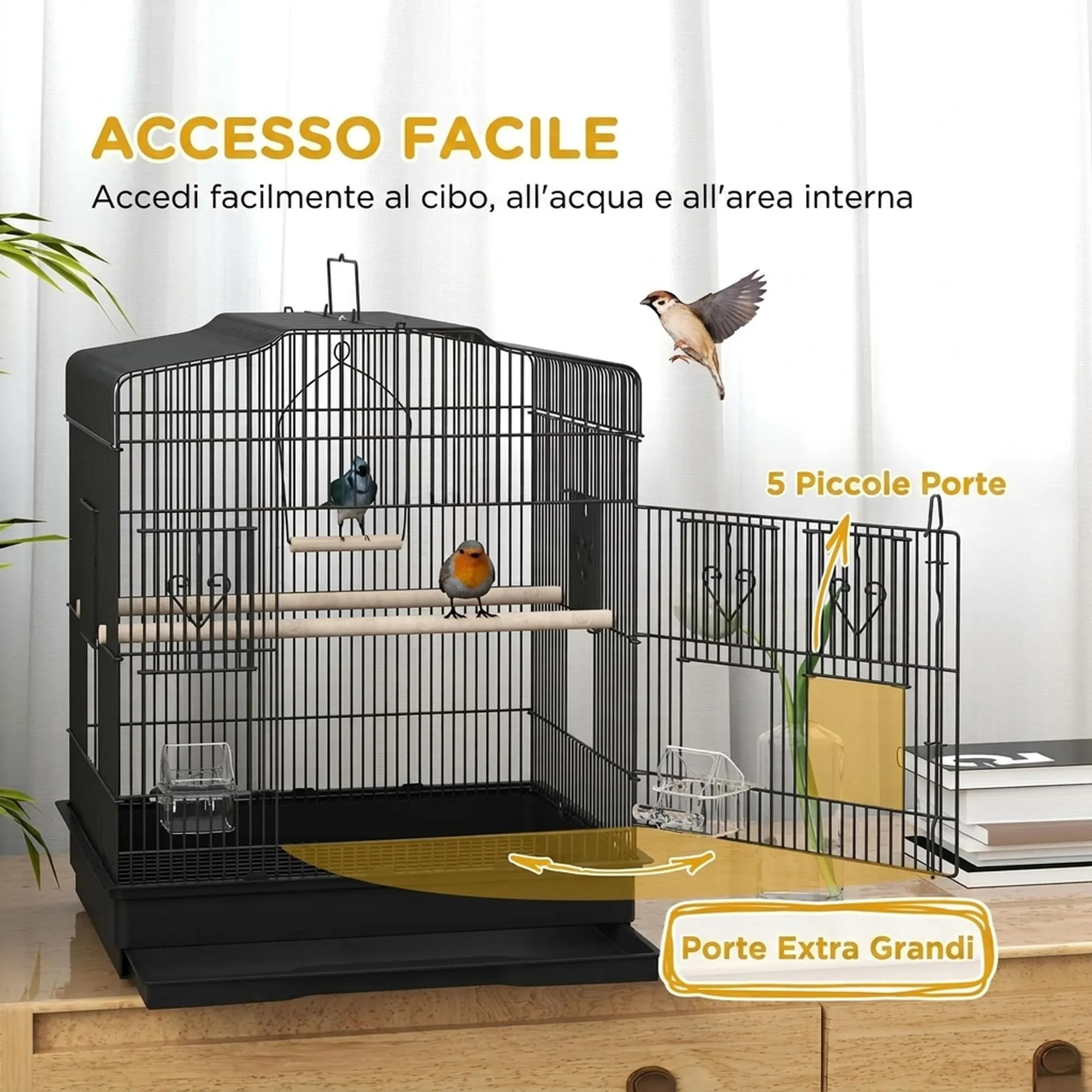 PawHut Gabbia per Uccelli Portatile per Pappagallini 46.5x36x59 cm Nero - immagine 3