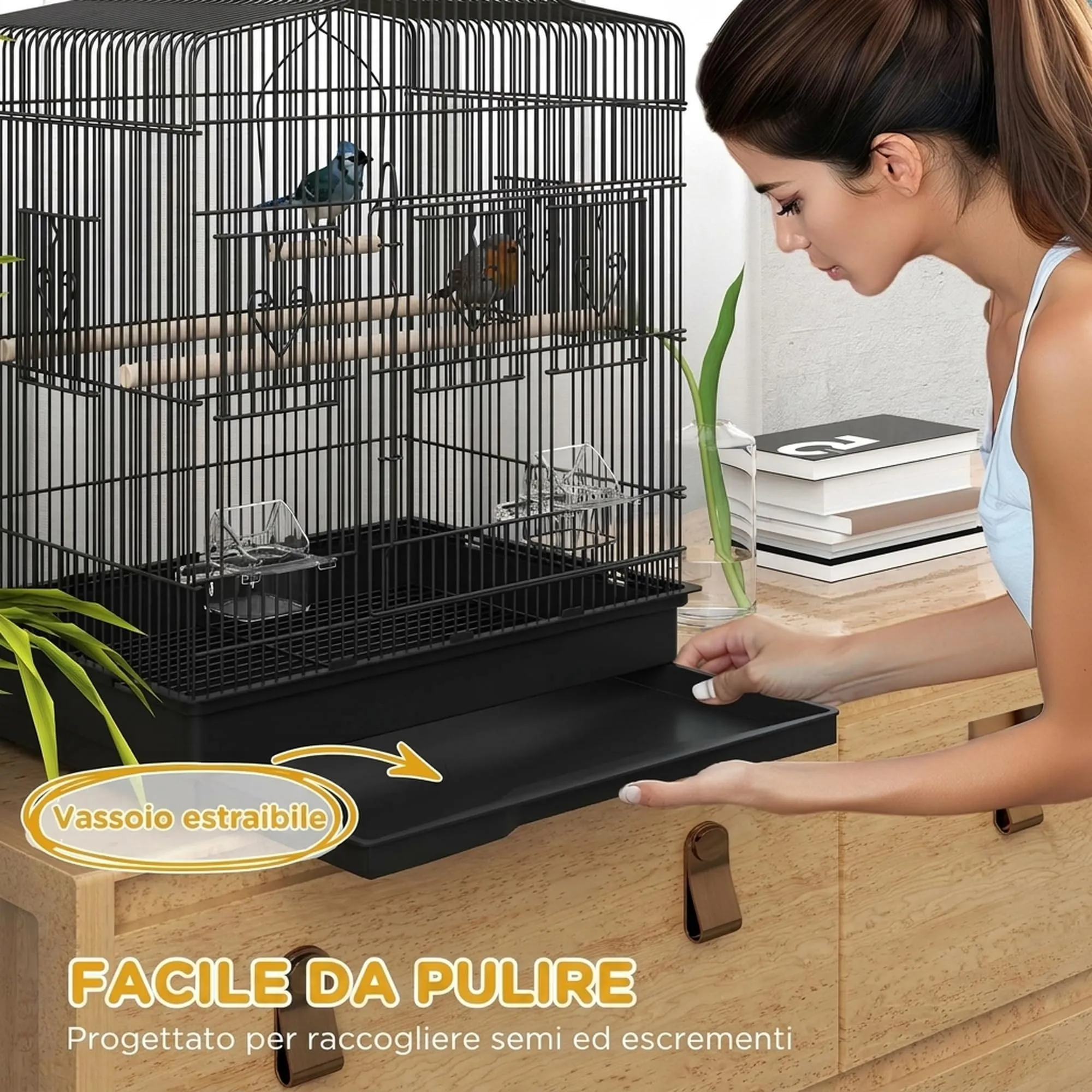 PawHut Gabbia per Uccelli Portatile per Pappagallini 46.5x36x59 cm Nero - immagine 4