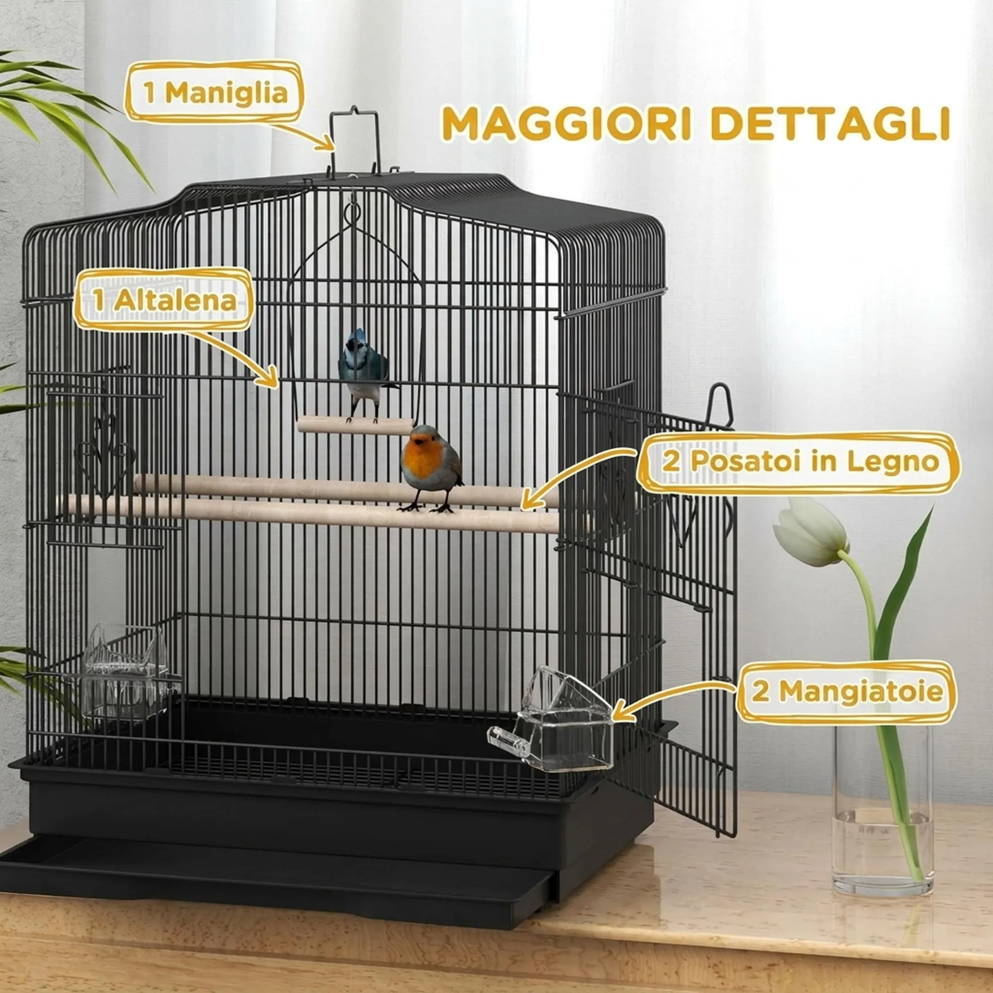 PawHut Gabbia per Uccelli Portatile per Pappagallini 46.5x36x59 cm Nero - immagine 5