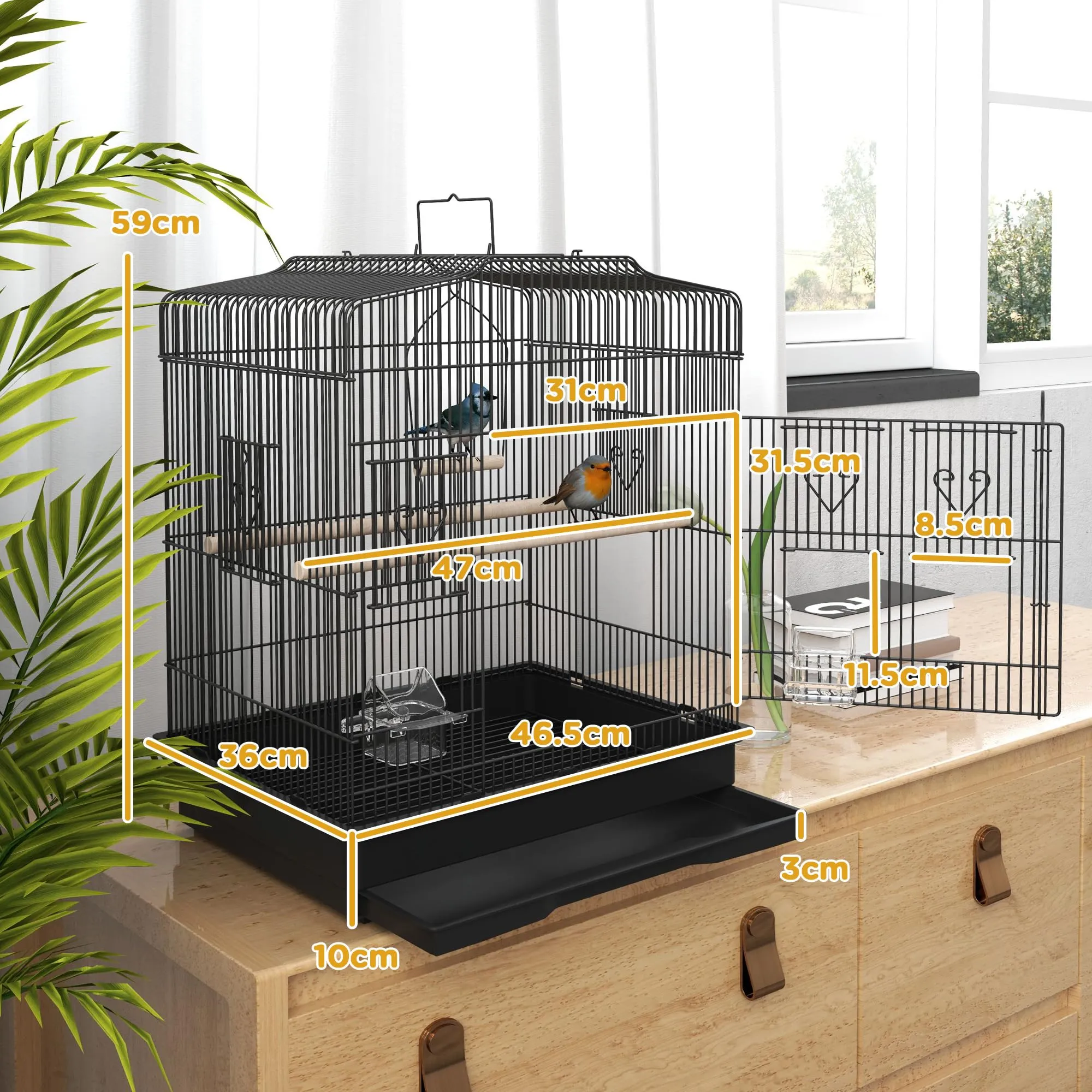 PawHut Gabbia per Uccelli Portatile per Pappagallini 46.5x36x59 cm Nero - immagine 8