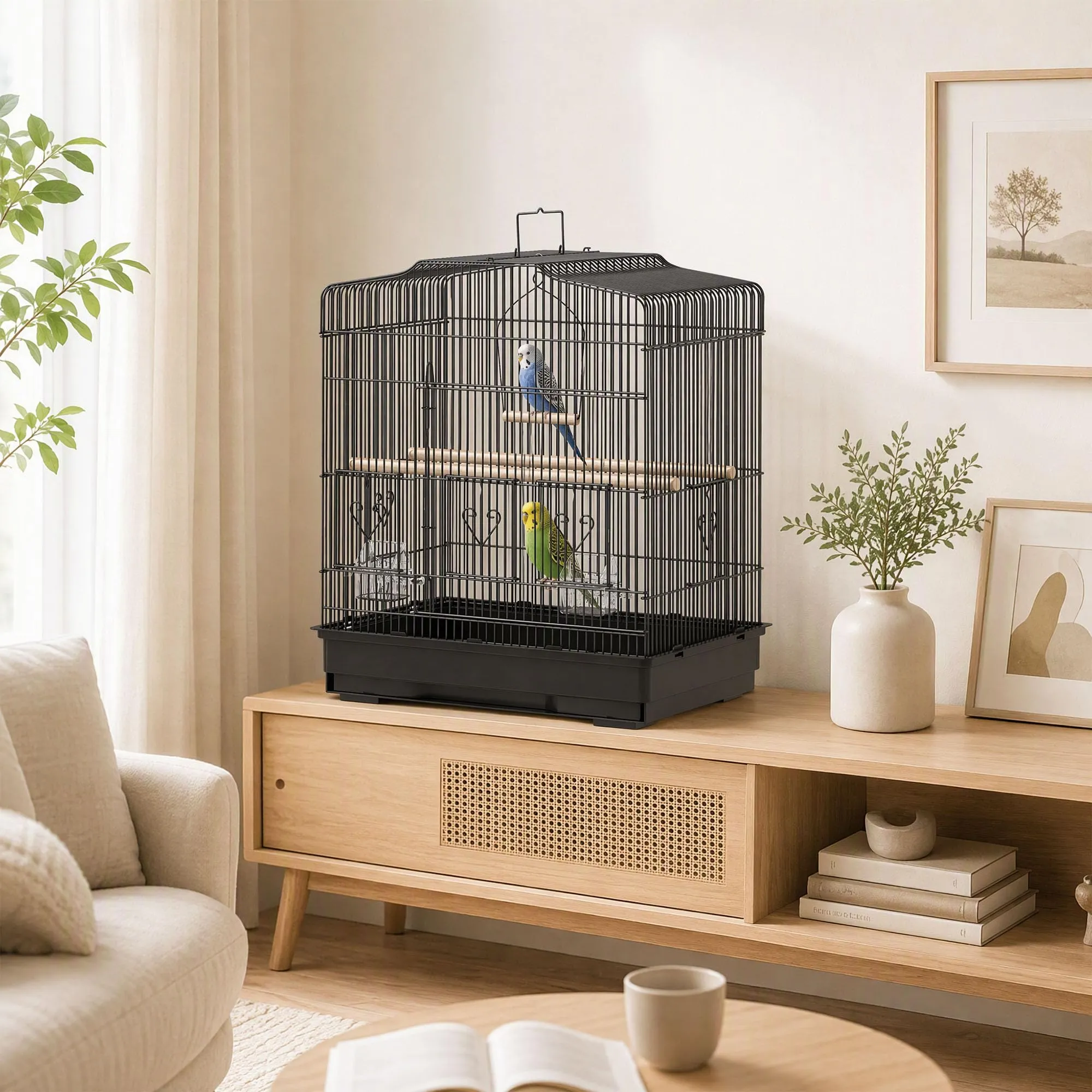 PawHut Gabbia per Uccelli Portatile per Pappagallini 46.5x36x59 cm Nero - immagine 9
