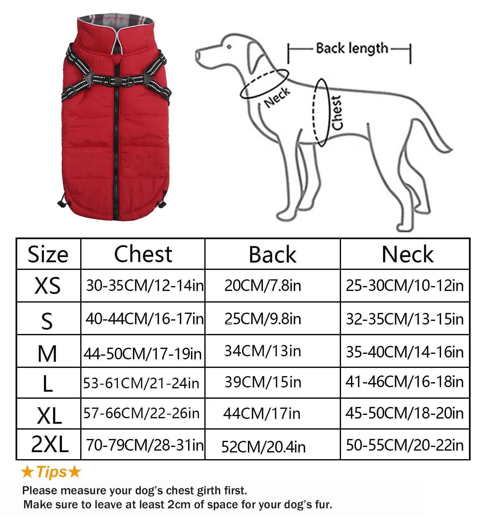 Pethiy- Caldo Cappotto Invernali per Cane con Pettorina integrata, Impermeabile Giacca/Vestiti per cane in Pile con Collo alto antivento e,zip up cappottino per cani piccola taglia-Rosso-M - immagine 6