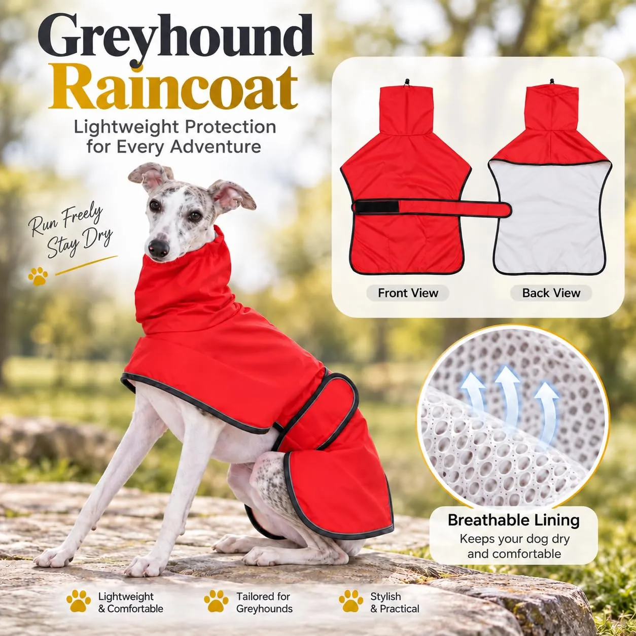 MOREZI Impermeabile Greyhound, giacca impermeabile per cani, foro per il collo e cintura regolabile, adatto a cani di taglia media e grande-Rosso-L - immagine 3