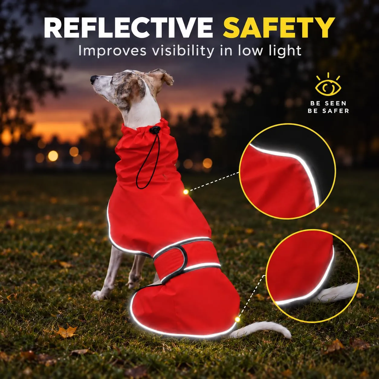 MOREZI Impermeabile Greyhound, giacca impermeabile per cani, foro per il collo e cintura regolabile, adatto a cani di taglia media e grande-Rosso-M - immagine 5