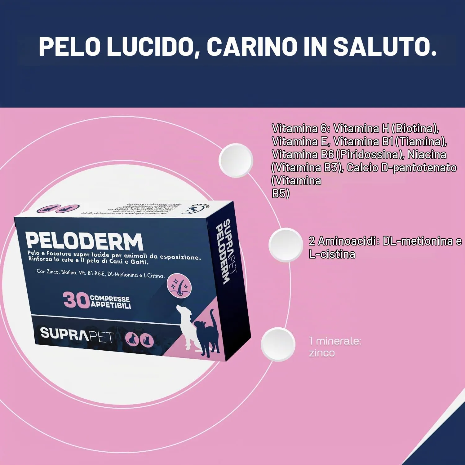 Suprapet Peloderm per Cane e Gatto 30 compresse a base di Biotina, Zinco, Vitamine B, Metionina e Cistina per il Benessere e la lucentezza del Pelo | Mangime Complementare - immagine 2