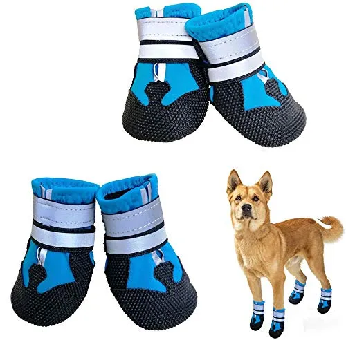 NeuWee Scarpe per Cani, 4 Pezzi scarpe per cani impermeabili con cinturini riflettenti, Suola antiscivolo Protezioni per zampe Stivali per Cani per cani di taglia piccola e media (L, Blu) - immagine 1