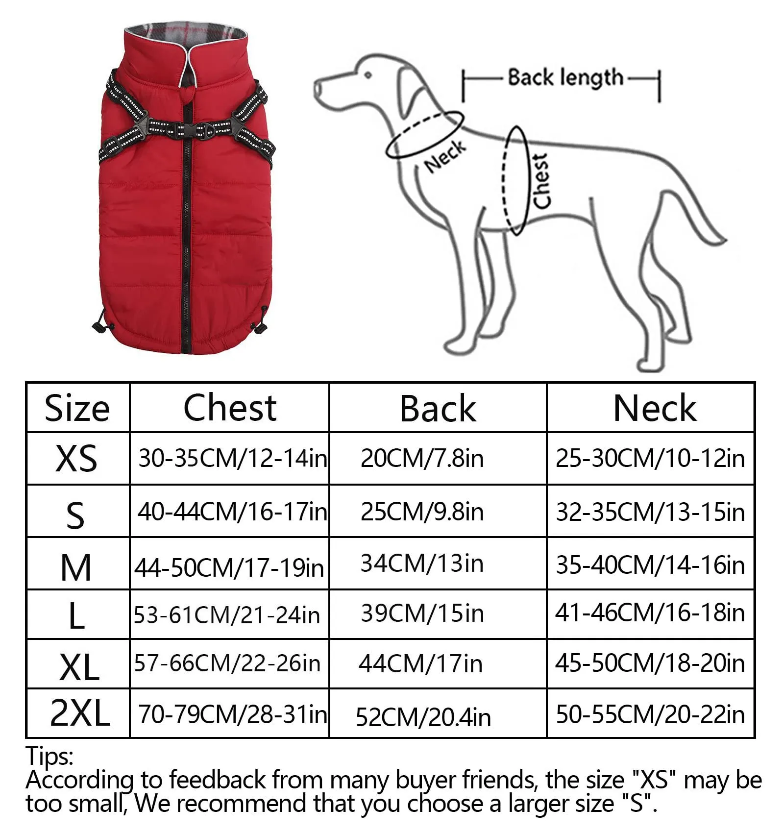 Pethiy- Caldo Cappotto Invernali per Cane con Pettorina integrata, Impermeabile Giacca/Vestiti per cane in Pile con Collo alto antivento e,zip up cappottino per cani piccola taglia-Rosso-XXL - immagine 6