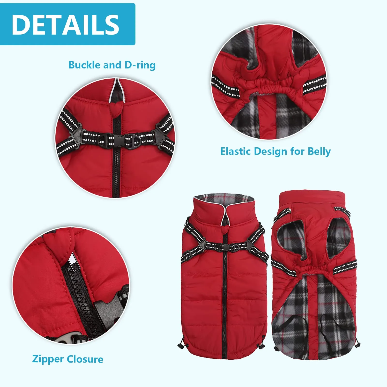 Pethiy- Caldo Cappotto Invernali per Cane con Pettorina integrata, Impermeabile Giacca/Vestiti per cane in Pile con Collo alto antivento e,zip up cappottino per cani piccola taglia-Rosso-XL - immagine 4