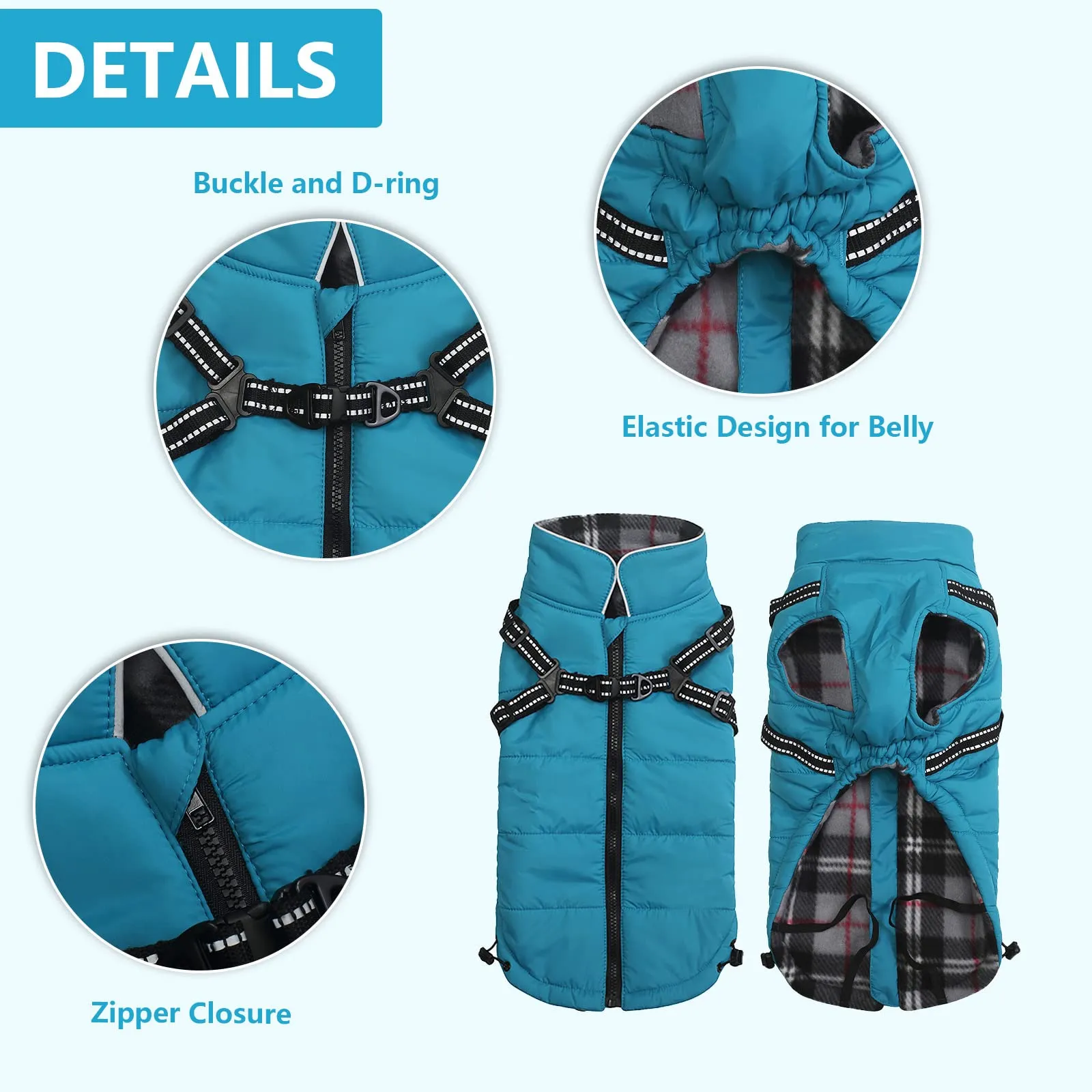 Pethiy- Caldo Cappotto Invernali per Cane con Pettorina integrata, Impermeabile Giacca/Vestiti per cane in Pile con Collo alto antivento e,zip up cappottino per cani piccola taglia-Blu-XL - immagine 3