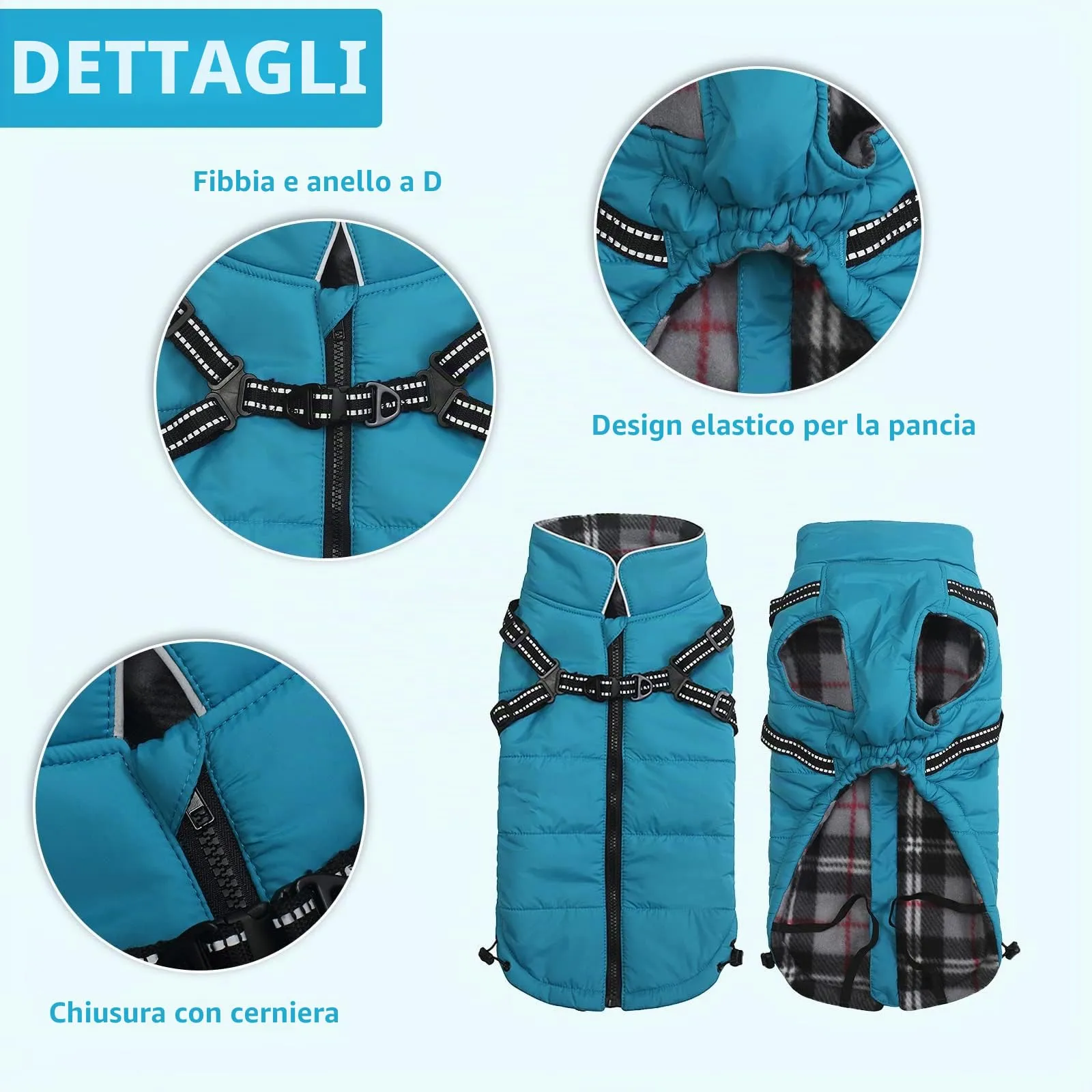Pethiy- Caldo Cappotto Invernali per Cane con Pettorina integrata, Impermeabile Giacca/Vestiti per cane in Pile con Collo alto antivento e,zip up cappottino per cani piccola taglia-Blu-M - immagine 5
