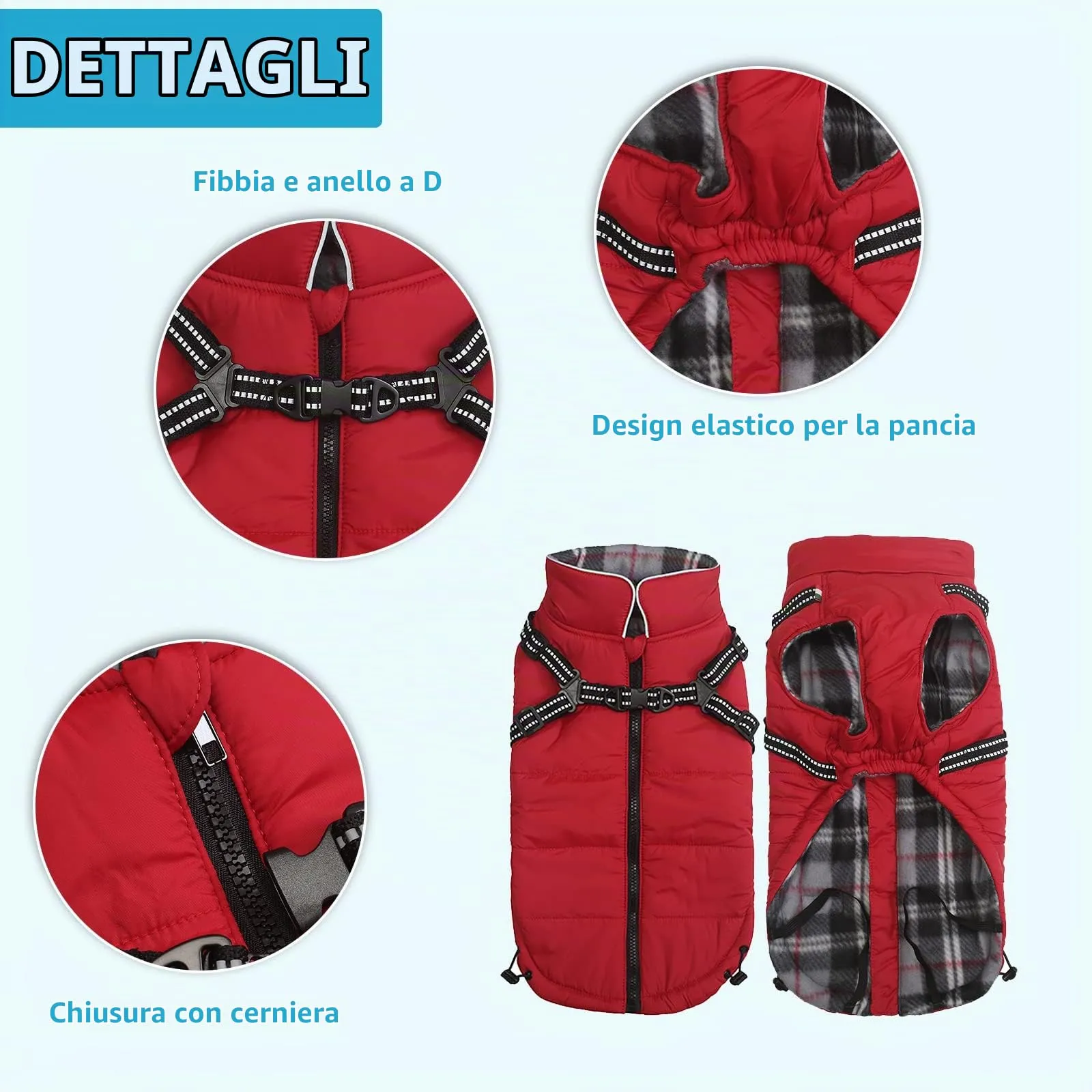 Pethiy- Caldo Cappotto Invernali per Cane con Pettorina integrata, Impermeabile Giacca/Vestiti per cane in Pile con Collo alto antivento e,zip up cappottino per cani piccola taglia-Rosso-L - immagine 4