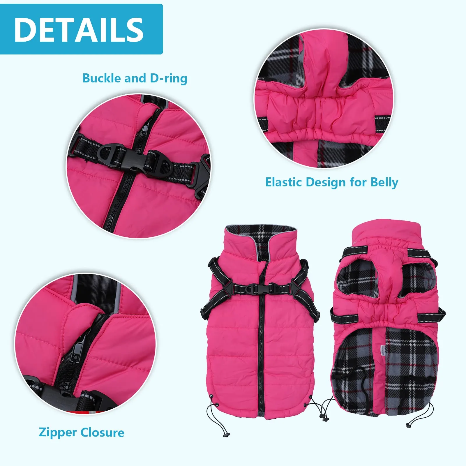 Pethiy- Caldo Cappotto Invernali per Cane con Pettorina integrata, Impermeabile Giacca/Vestiti per cane in Pile con Collo alto antivento e,zip up cappottino per cani piccola taglia-Rosa-M - immagine 4