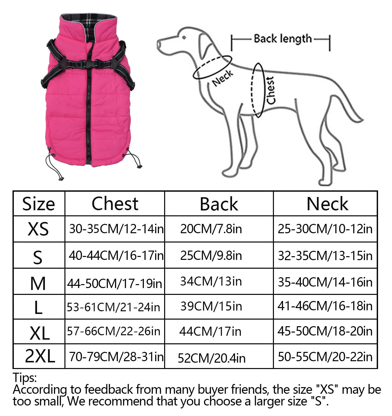 Pethiy- Caldo Cappotto Invernali per Cane con Pettorina integrata, Impermeabile Giacca/Vestiti per cane in Pile con Collo alto antivento e,zip up cappottino per cani piccola taglia-Rosa-XS - immagine 6