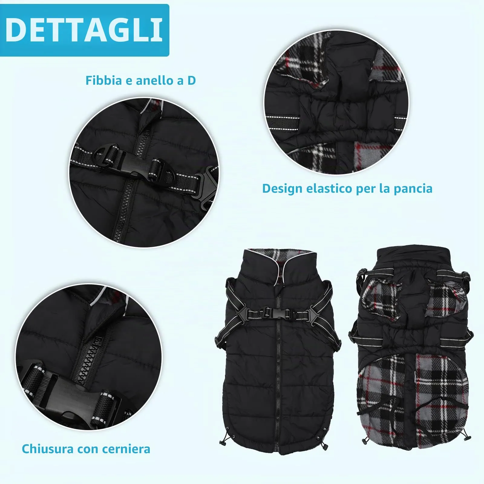 Pethiy- Caldo Cappotto Invernali per Cane con Pettorina integrata, Impermeabile Giacca/Vestiti per cane in Pile con Collo alto antivento e,zip up cappottino per cani piccola taglia-Nero-L - immagine 4