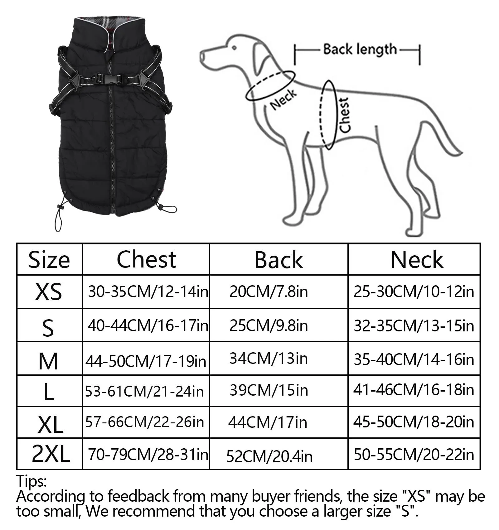 Pethiy- Caldo Cappotto Invernali per Cane con Pettorina integrata, Impermeabile Giacca/Vestiti per cane in Pile con Collo alto antivento e,zip up cappottino per cani piccola taglia-Nero-M - immagine 6