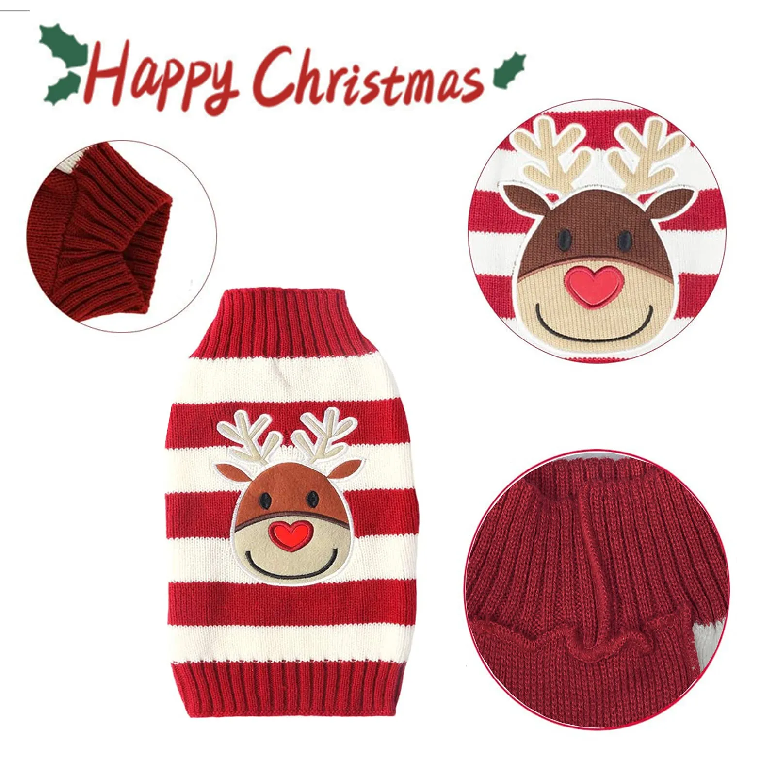 1 Maglioncino Natalizio per Cane o Gatto, Maglione Natalizio per cani, Cane Gatto Maglieria Costume, Cane Gatto Maglieria Maglione, Caldo per l’inverno, Lavorato a Maglia, Motivo a Strisce con Alce - immagine 3