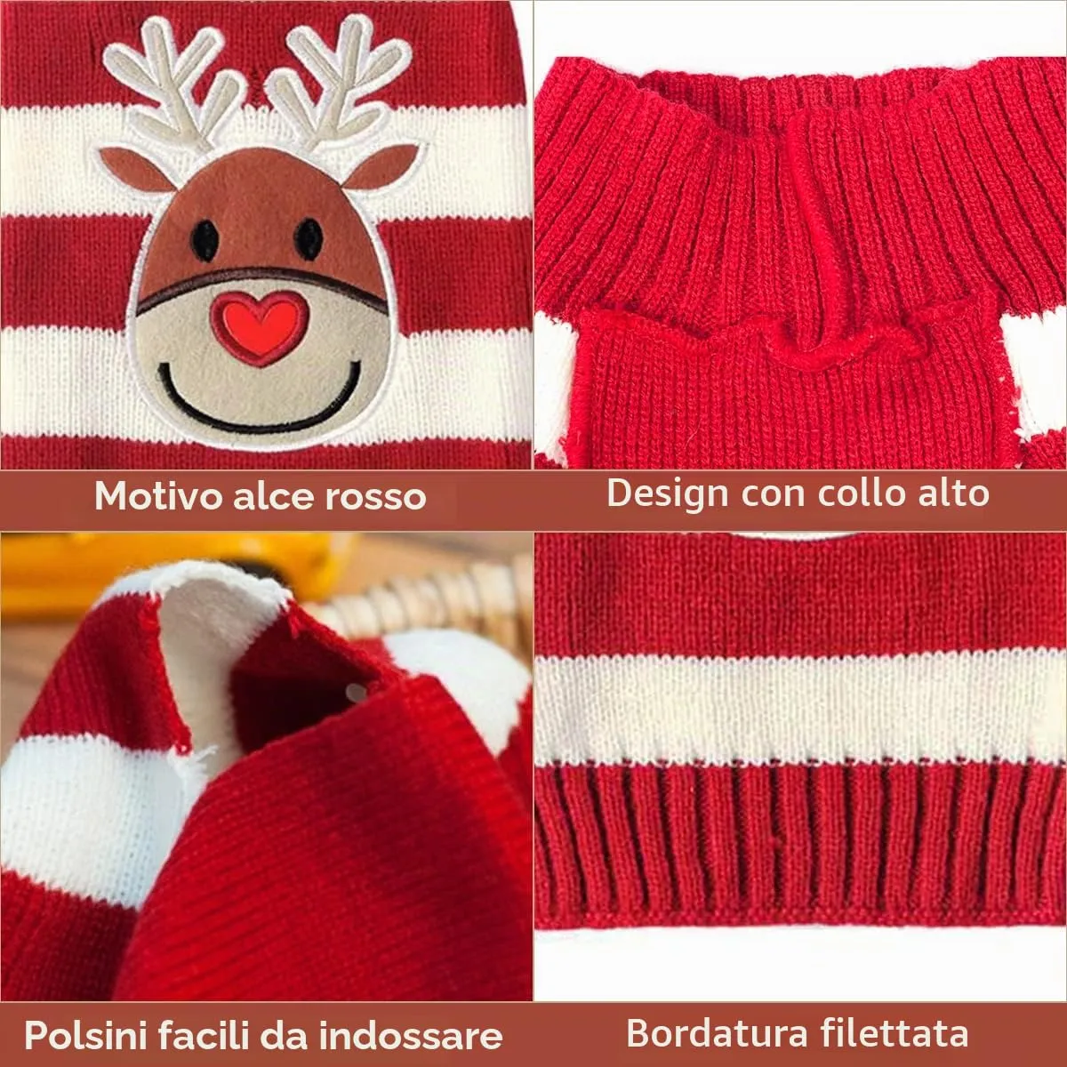 1 Maglioncino Natalizio per Cane o Gatto, Costume Maglieria Maglione Caldo per l’inverno, Lavorato a Maglia, Motivo a Strisce con Alce - immagine 5