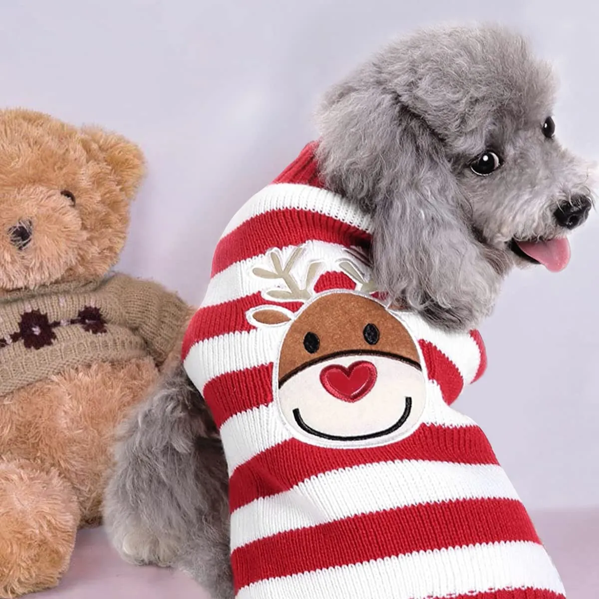 1 Maglioncino Natalizio per Cane o Gatto, Costume Maglieria Maglione Caldo per l’inverno, Lavorato a Maglia, Motivo a Strisce con Alce - immagine 8